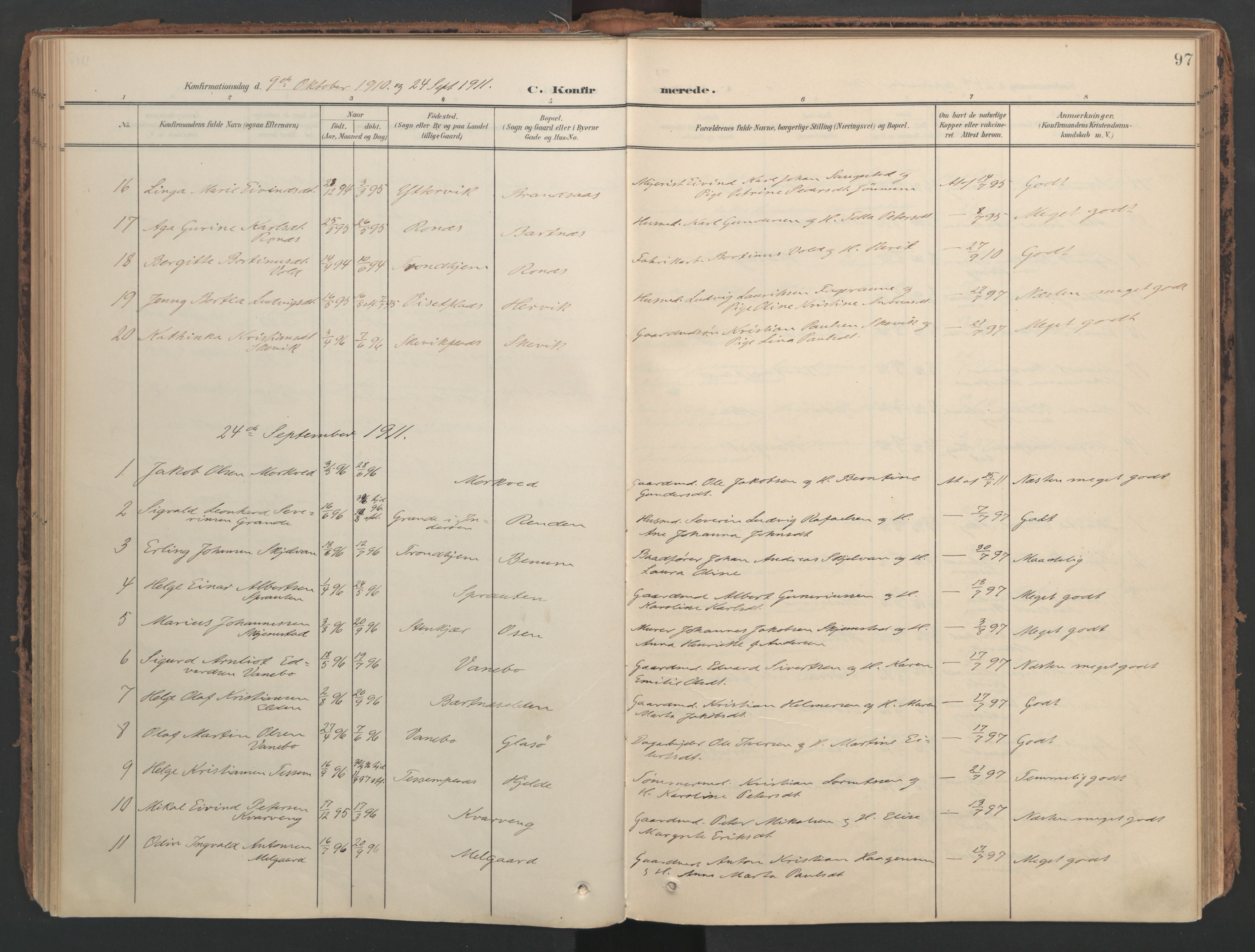 Ministerialprotokoller, klokkerbøker og fødselsregistre - Nord-Trøndelag, SAT/A-1458/741/L0397: Parish register (official) no. 741A11, 1901-1911, p. 97