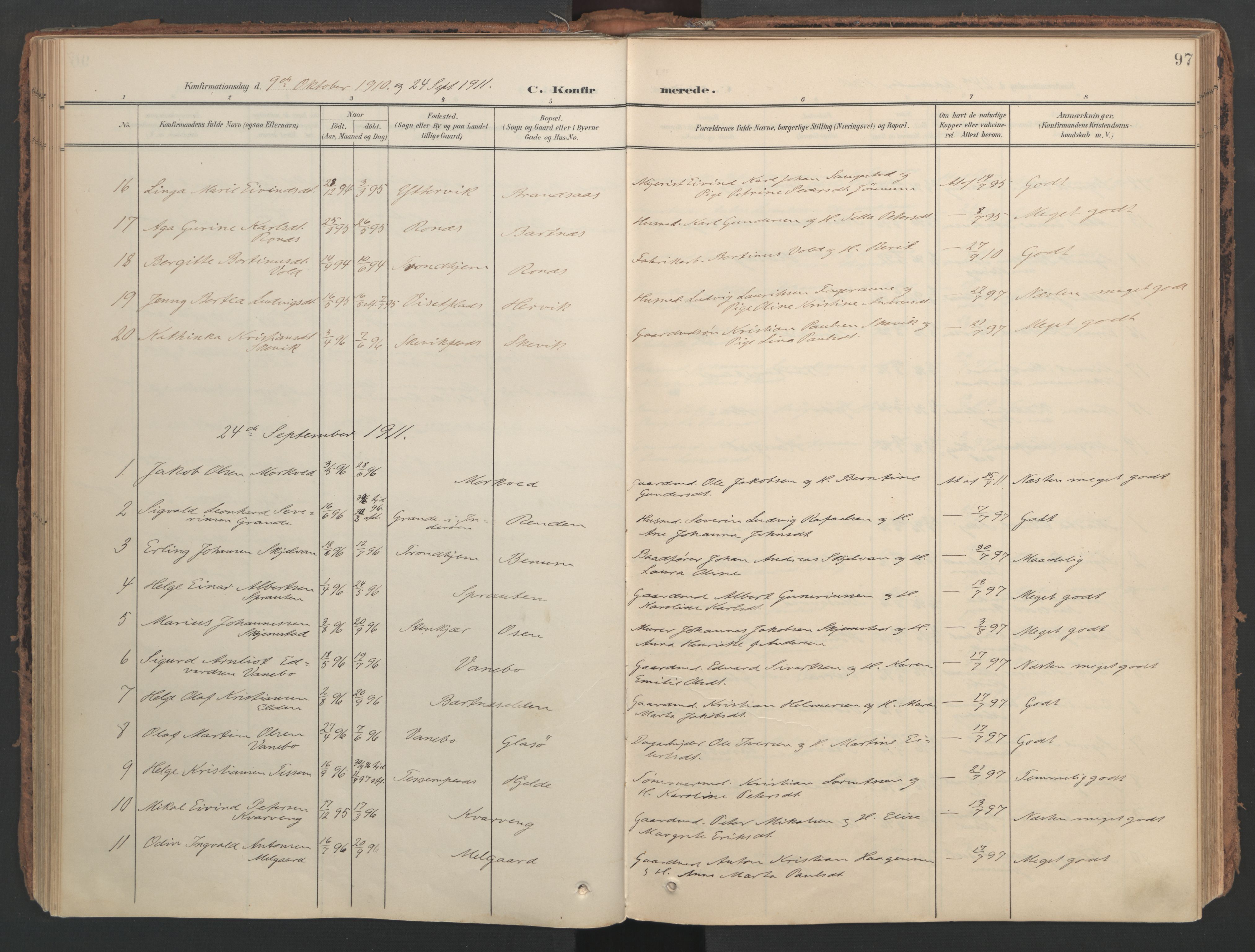 Ministerialprotokoller, klokkerbøker og fødselsregistre - Nord-Trøndelag, AV/SAT-A-1458/741/L0397: Parish register (official) no. 741A11, 1901-1911, p. 97