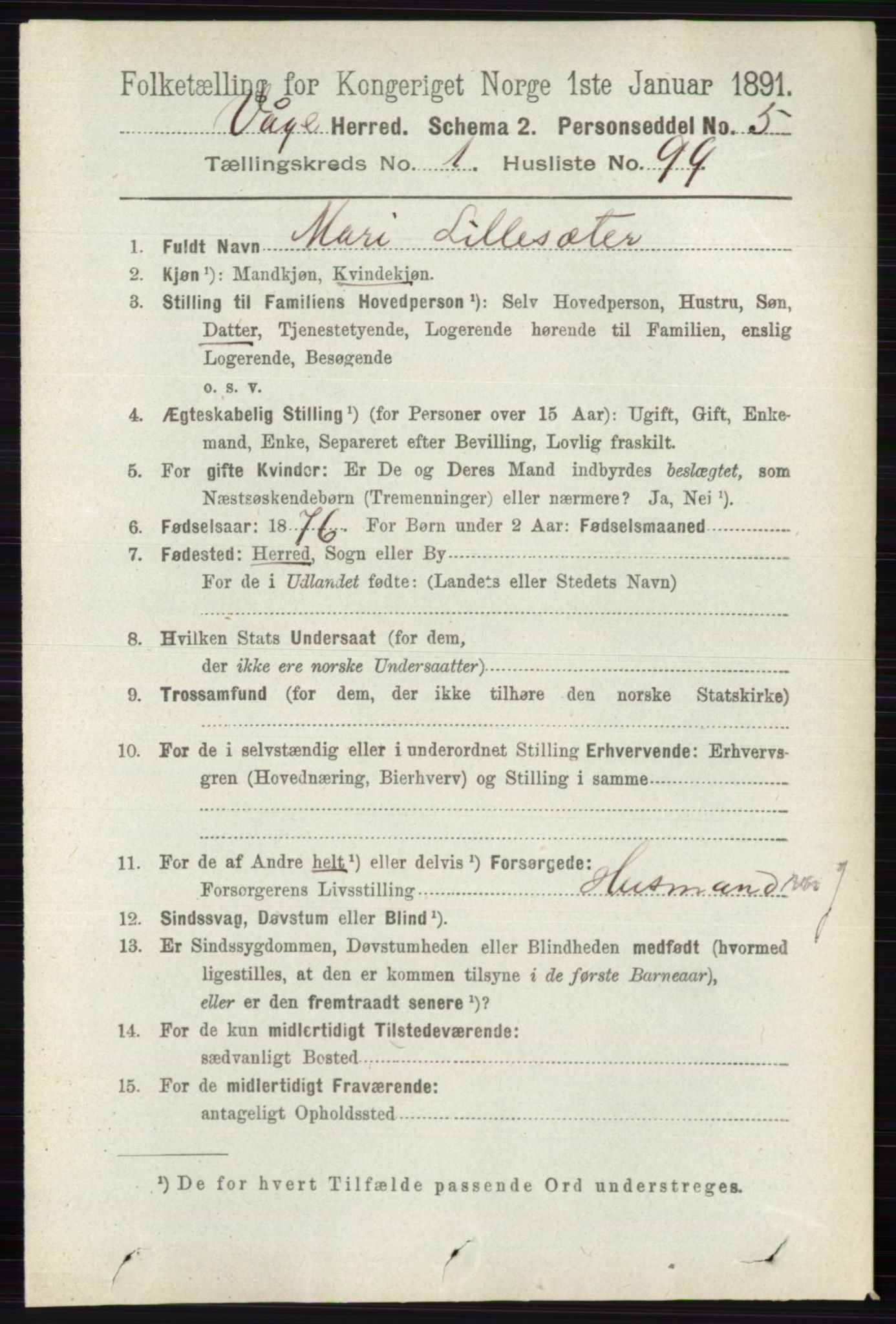RA, 1891 census for 0515 Vågå, 1891, p. 765