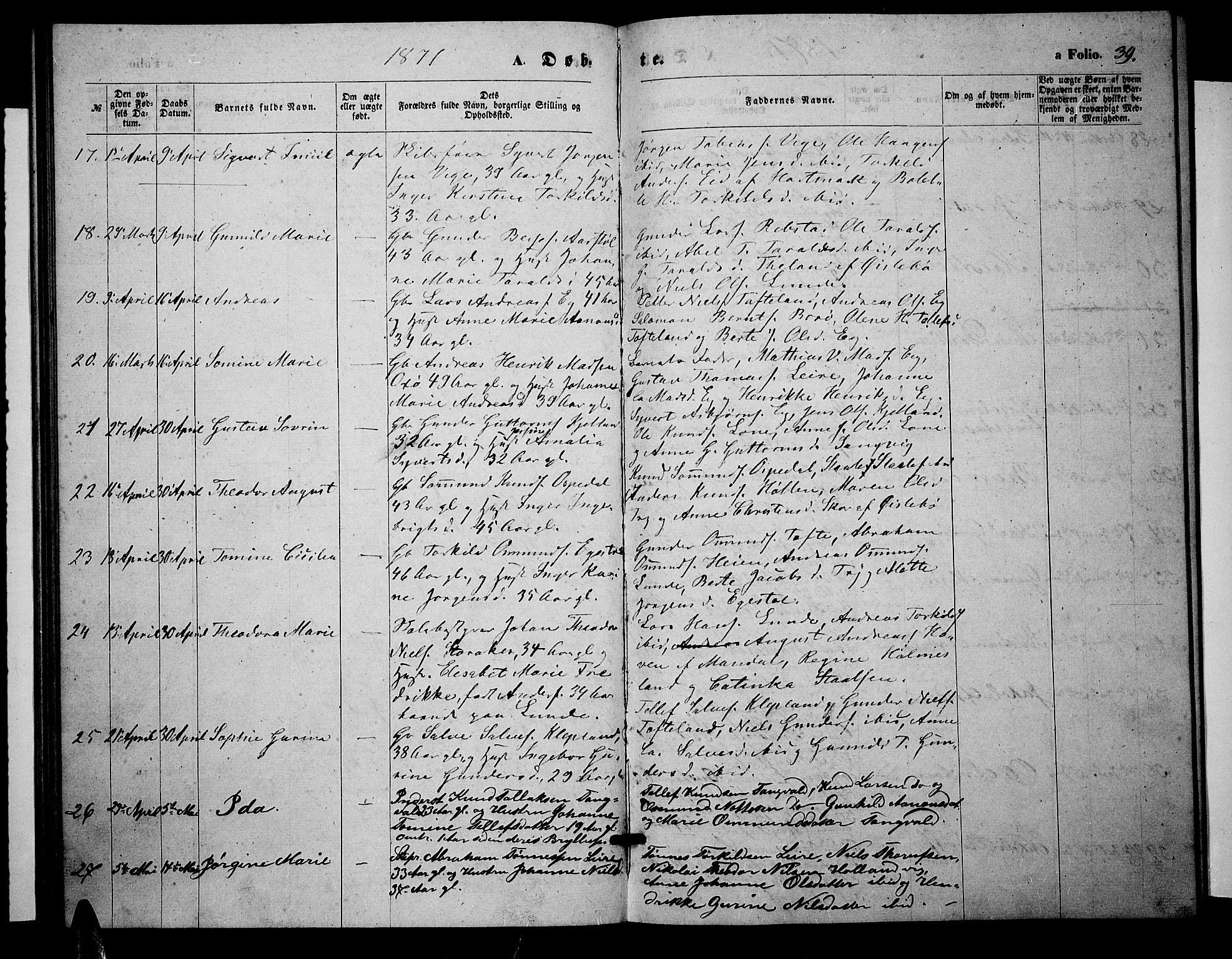 Søgne sokneprestkontor, AV/SAK-1111-0037/F/Fb/Fbb/L0004: Parish register (copy) no. B 4, 1864-1883, p. 39