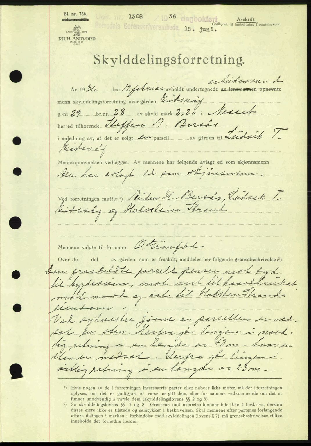 Romsdal sorenskriveri, AV/SAT-A-4149/1/2/2C: Mortgage book no. A1, 1936-1936, Diary no: : 1308/1936