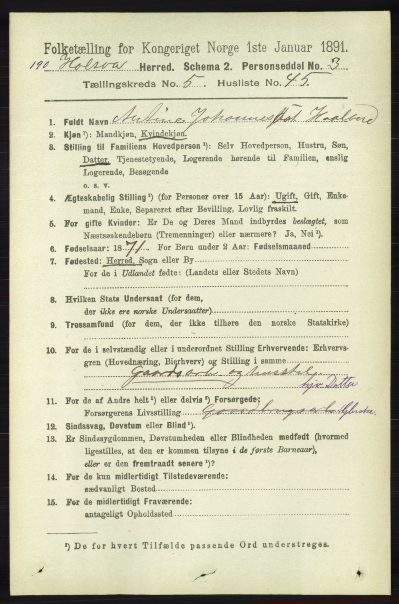 RA, 1891 census for 1019 Halse og Harkmark, 1891, p. 2255