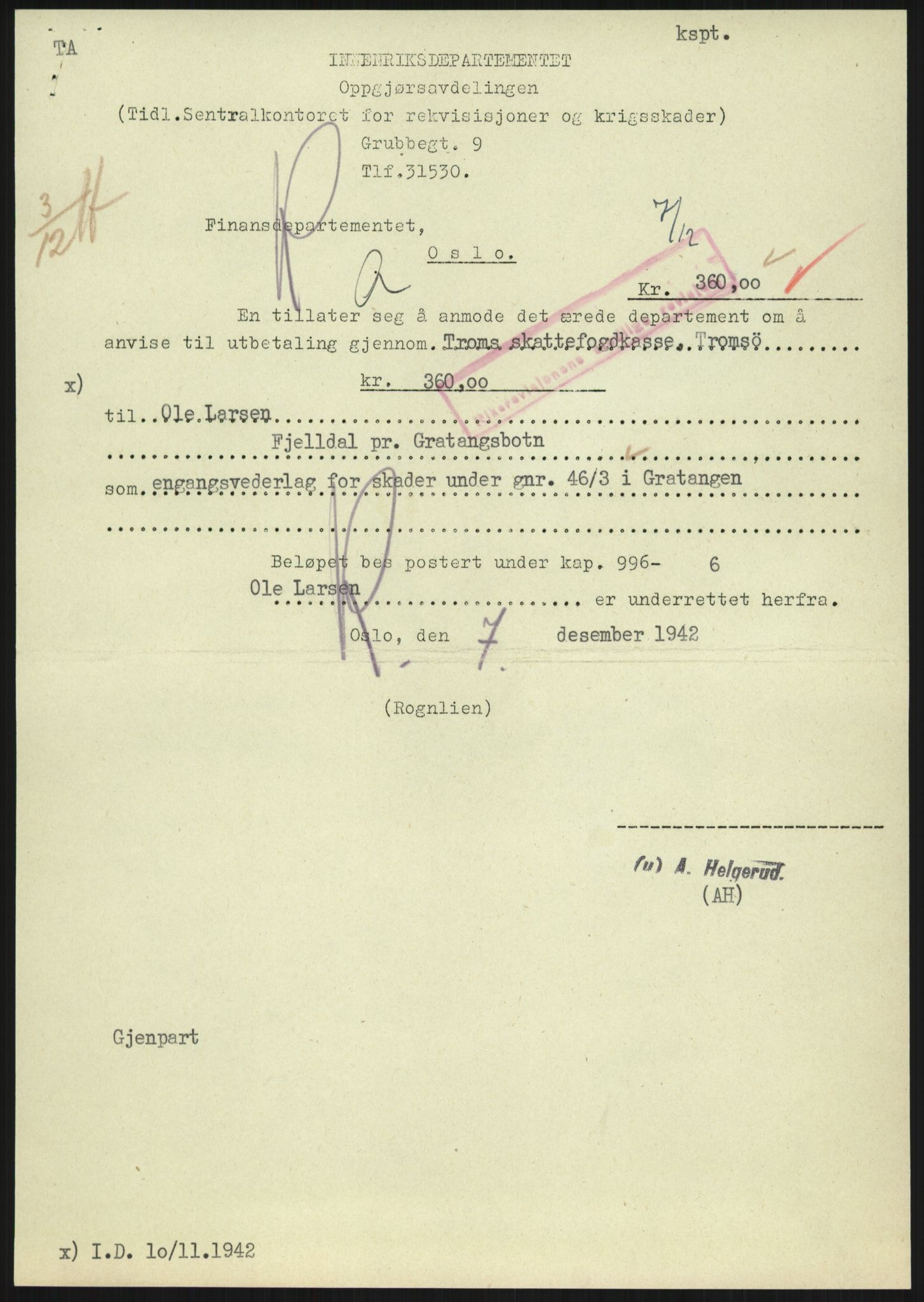 Forsvarsdepartementet, 10. kontor / Oppgjørskontoret, AV/RA-RAFA-1225/D/Dd/L0480: Troms, 1942-1953, p. 10