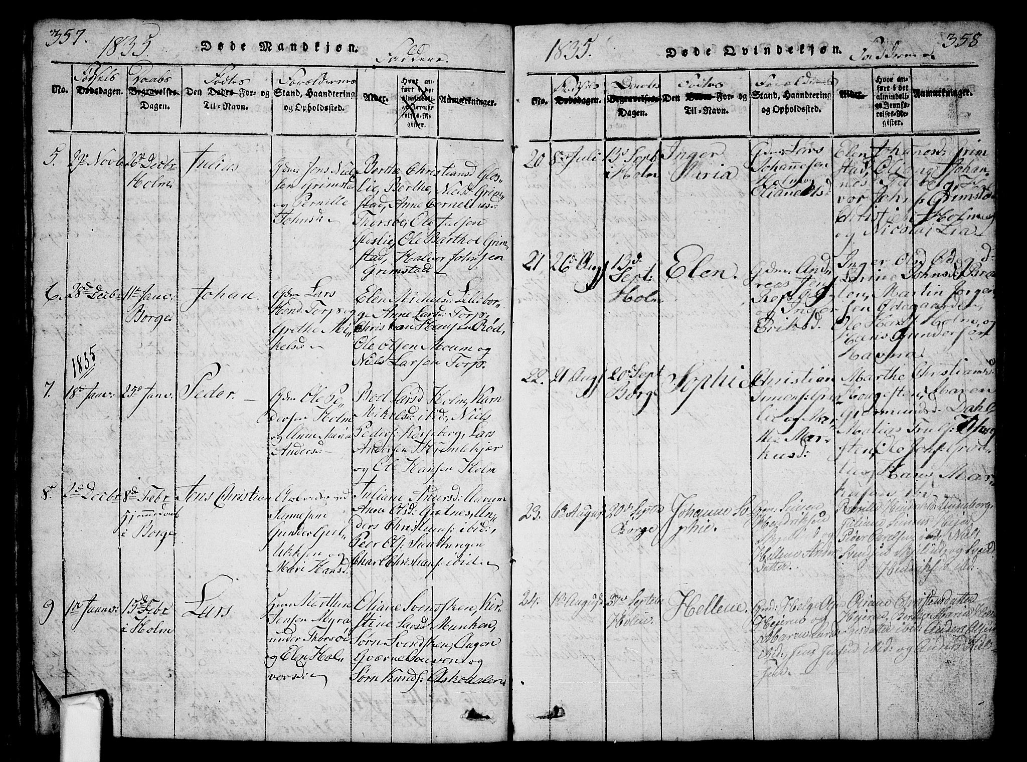 Borge prestekontor Kirkebøker, AV/SAO-A-10903/G/Ga/L0001: Parish register (copy) no.  I 1, 1815-1835, p. 357-358