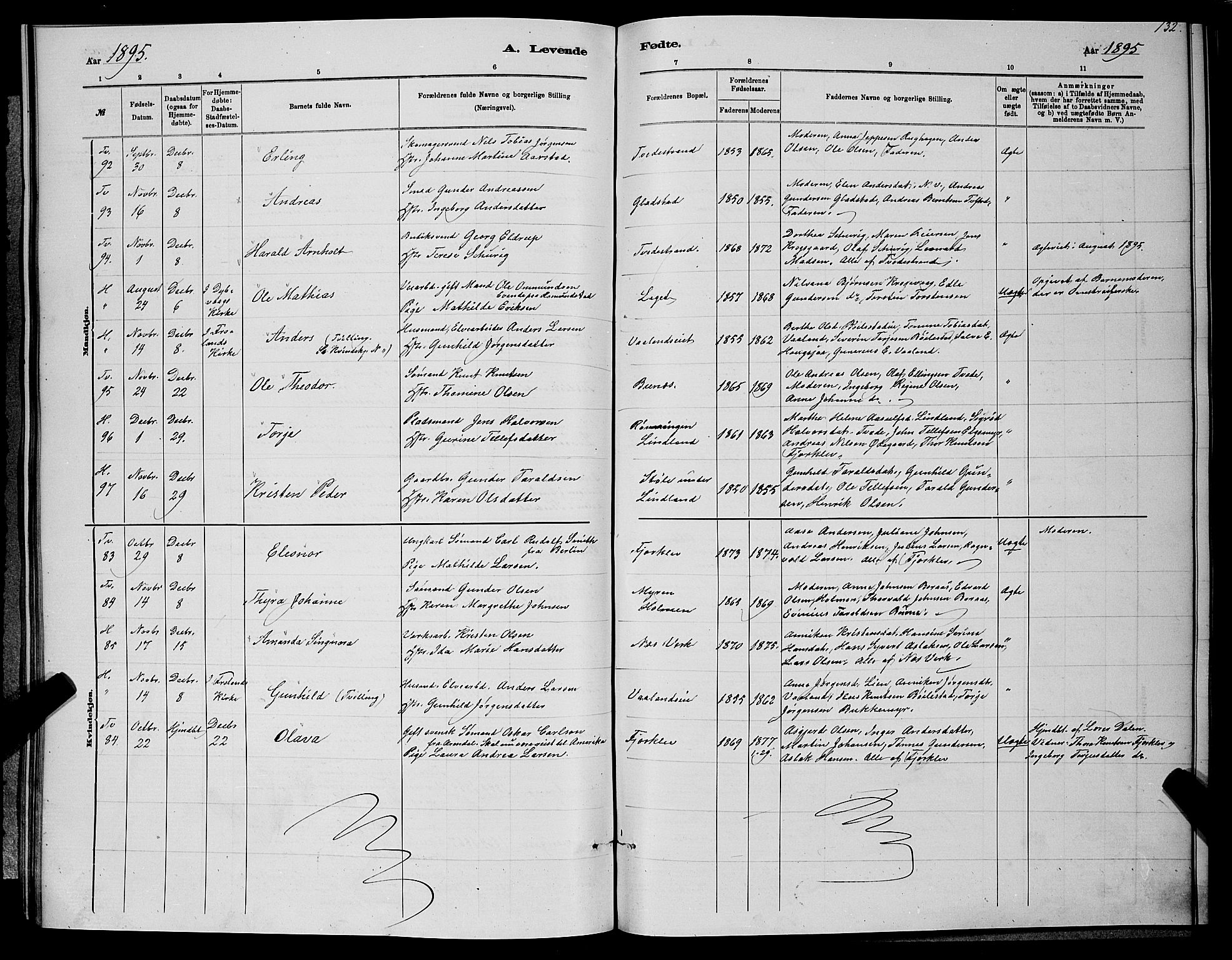 Holt sokneprestkontor, SAK/1111-0021/F/Fb/L0010: Parish register (copy) no. B 10, 1883-1896, p. 132