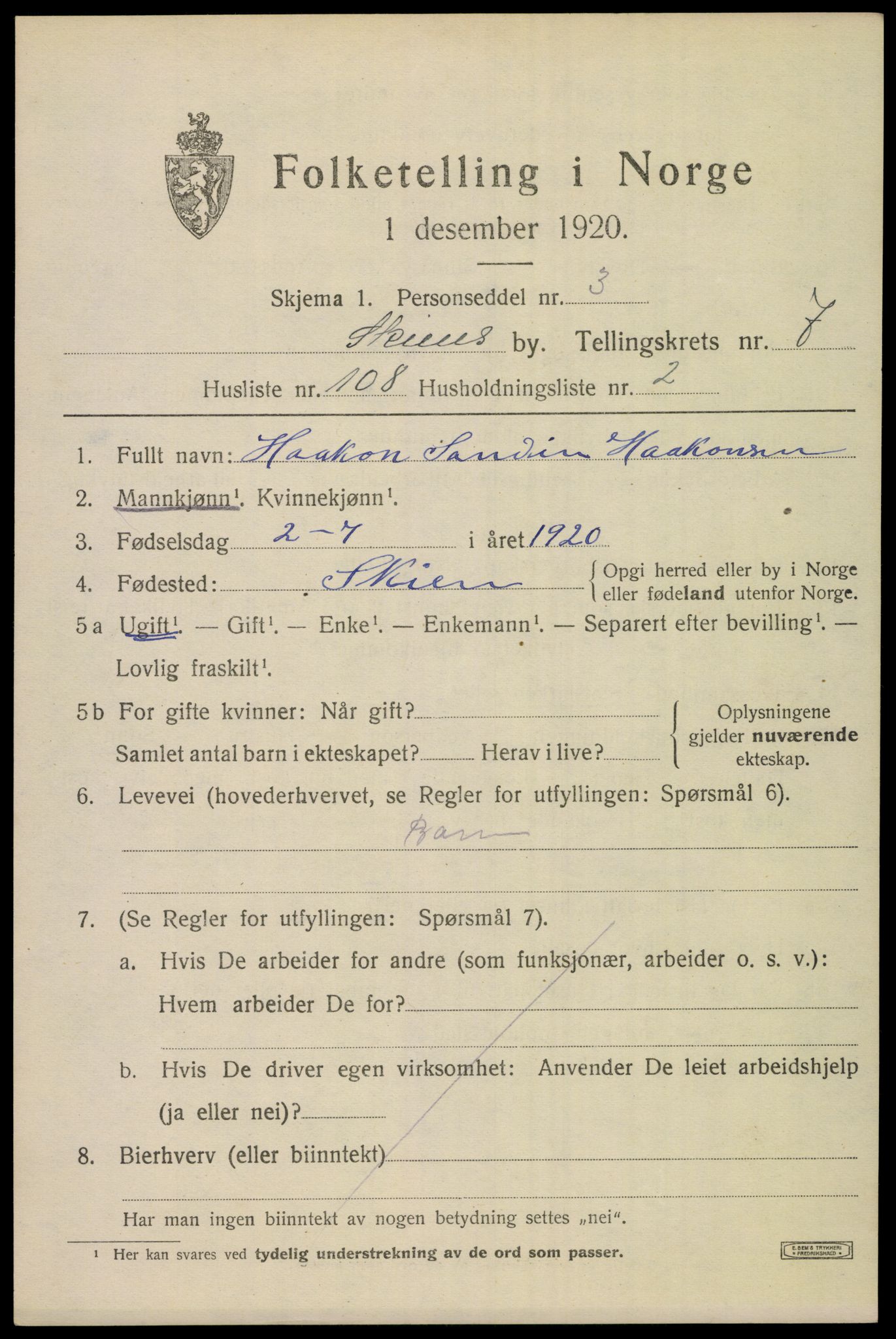 SAKO, 1920 census for Skien, 1920, p. 26762