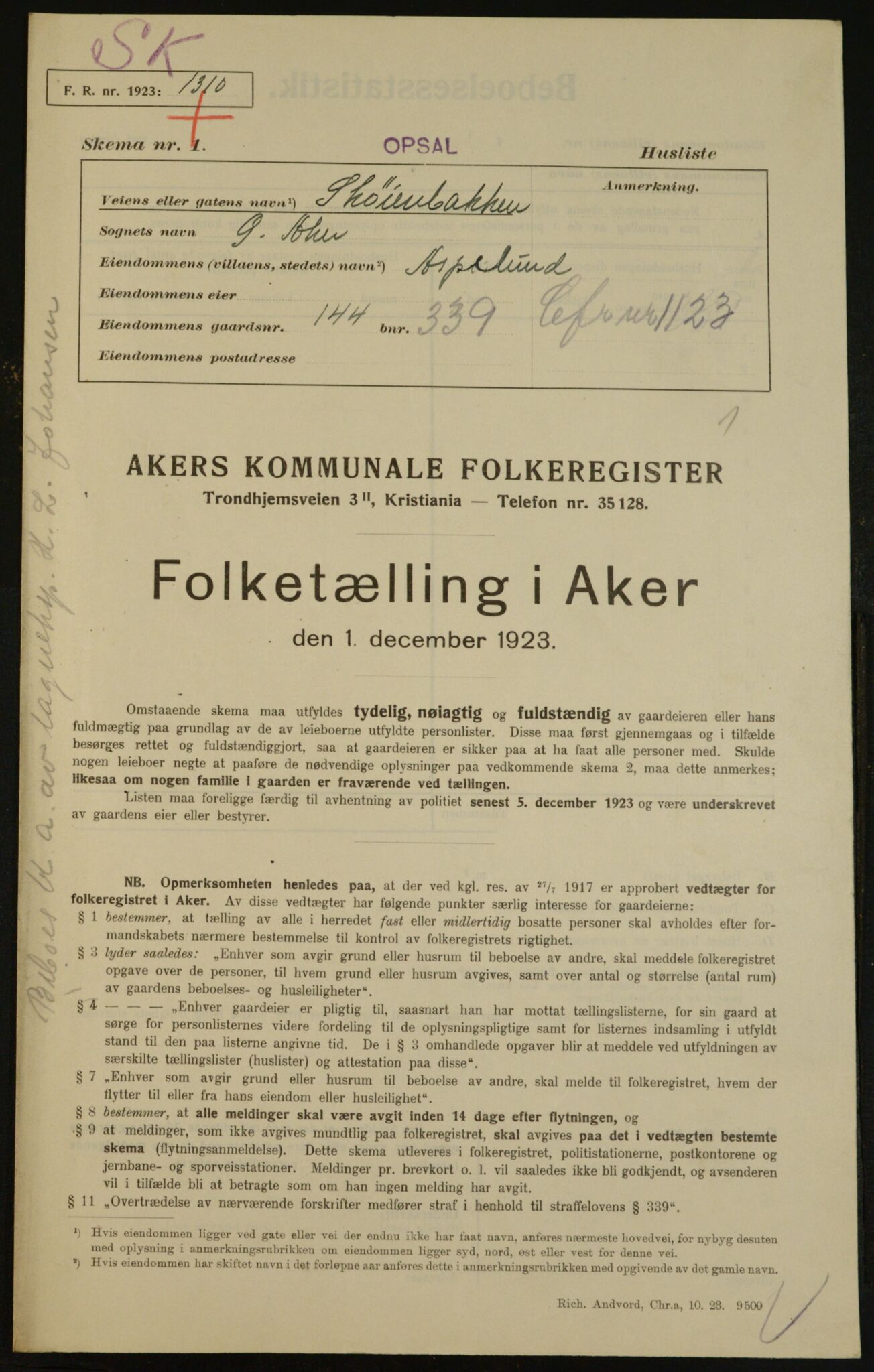 , Municipal Census 1923 for Aker, 1923, p. 30669