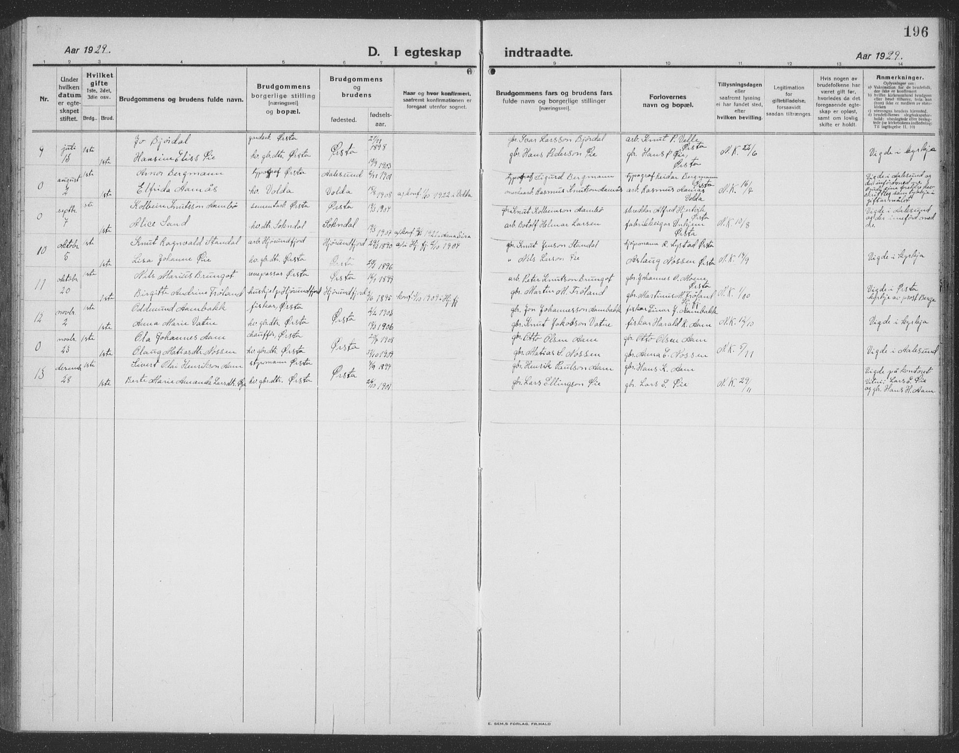 Ministerialprotokoller, klokkerbøker og fødselsregistre - Møre og Romsdal, SAT/A-1454/513/L0191: Parish register (copy) no. 513C05, 1920-1941, p. 196