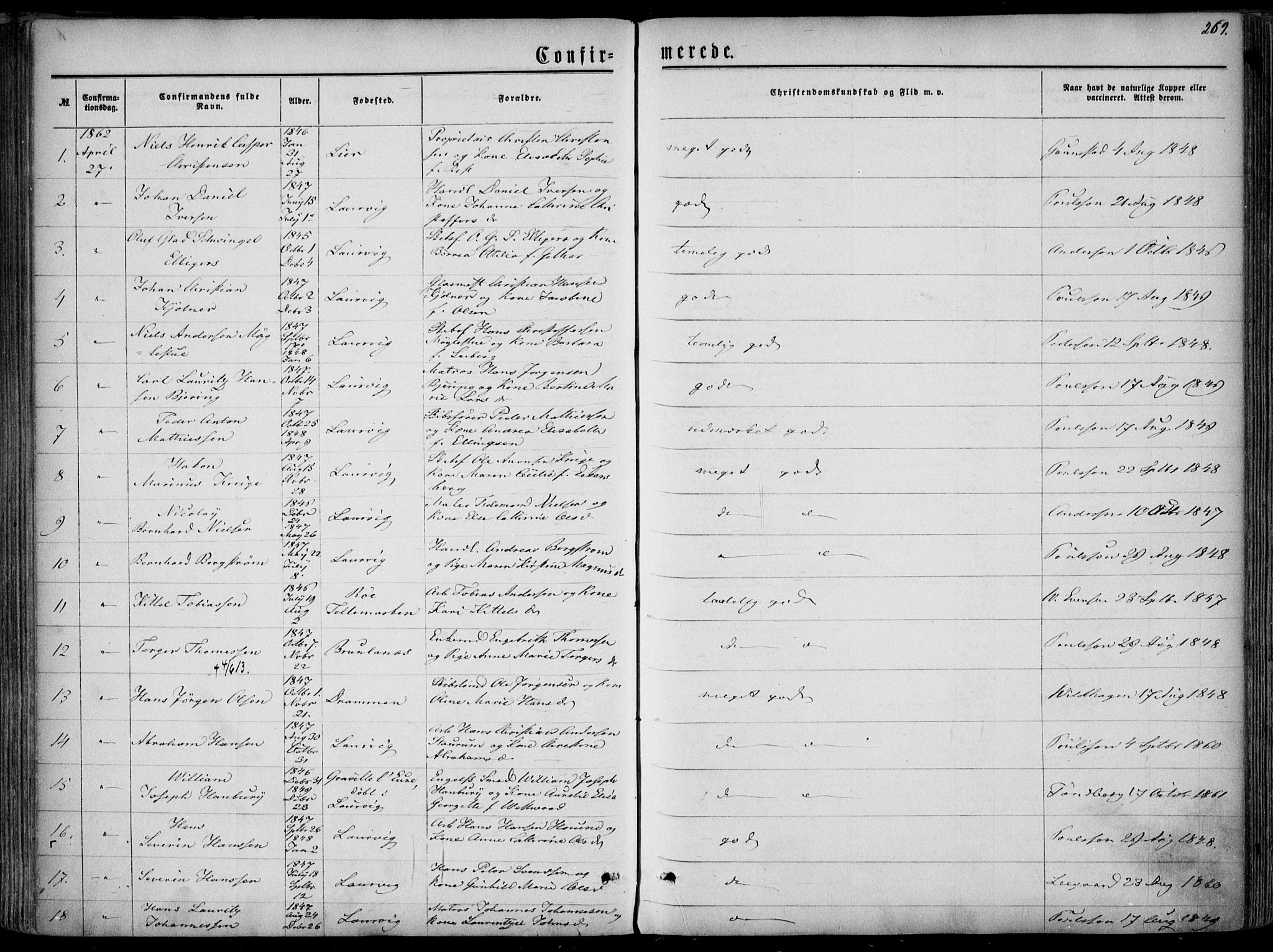 Larvik kirkebøker, SAKO/A-352/F/Fa/L0004: Parish register (official) no. I 4, 1856-1870, p. 269