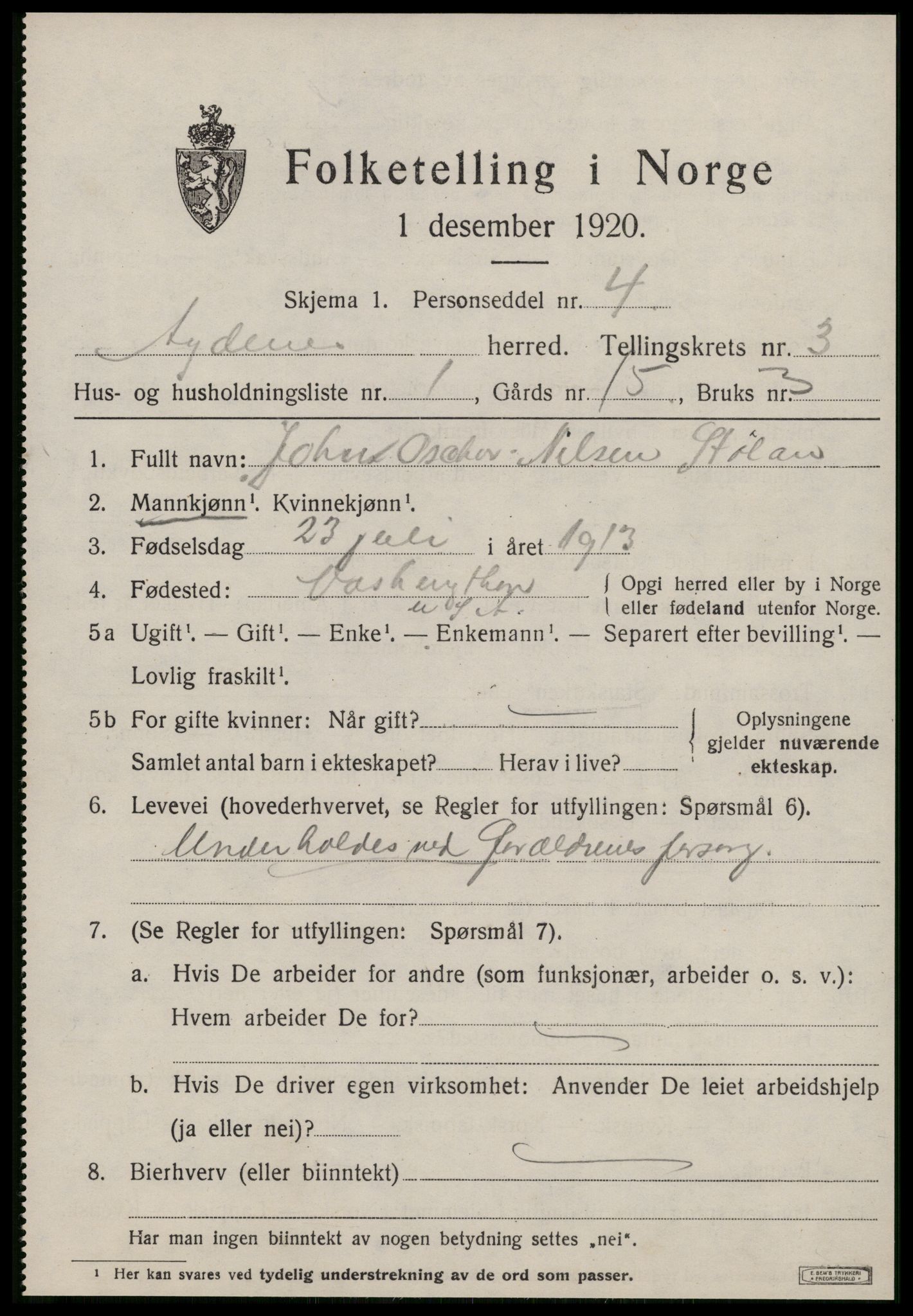 SAT, 1920 census for Agdenes, 1920, p. 1805