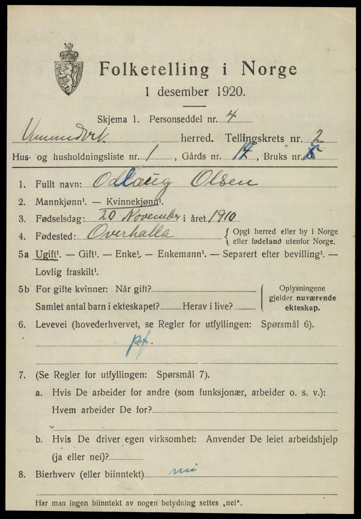 SAT, 1920 census for Vemundvik, 1920, p. 2465