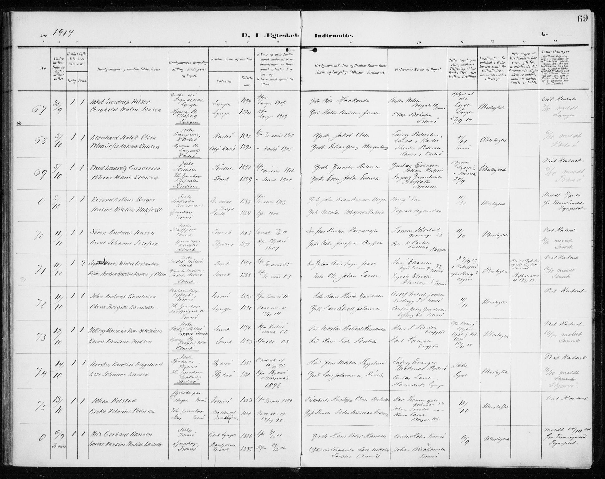Tromsø sokneprestkontor/stiftsprosti/domprosti, SATØ/S-1343/G/Ga/L0018kirke: Parish register (official) no. 18, 1907-1917, p. 69