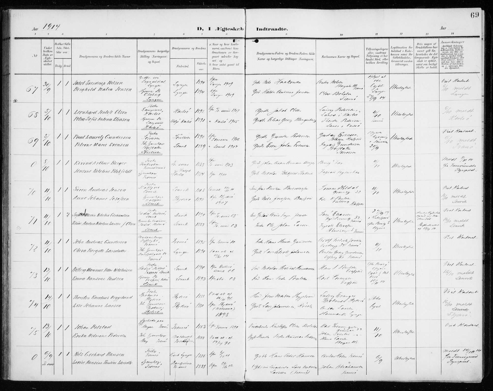 Tromsø sokneprestkontor/stiftsprosti/domprosti, AV/SATØ-S-1343/G/Ga/L0018kirke: Parish register (official) no. 18, 1907-1917, p. 69