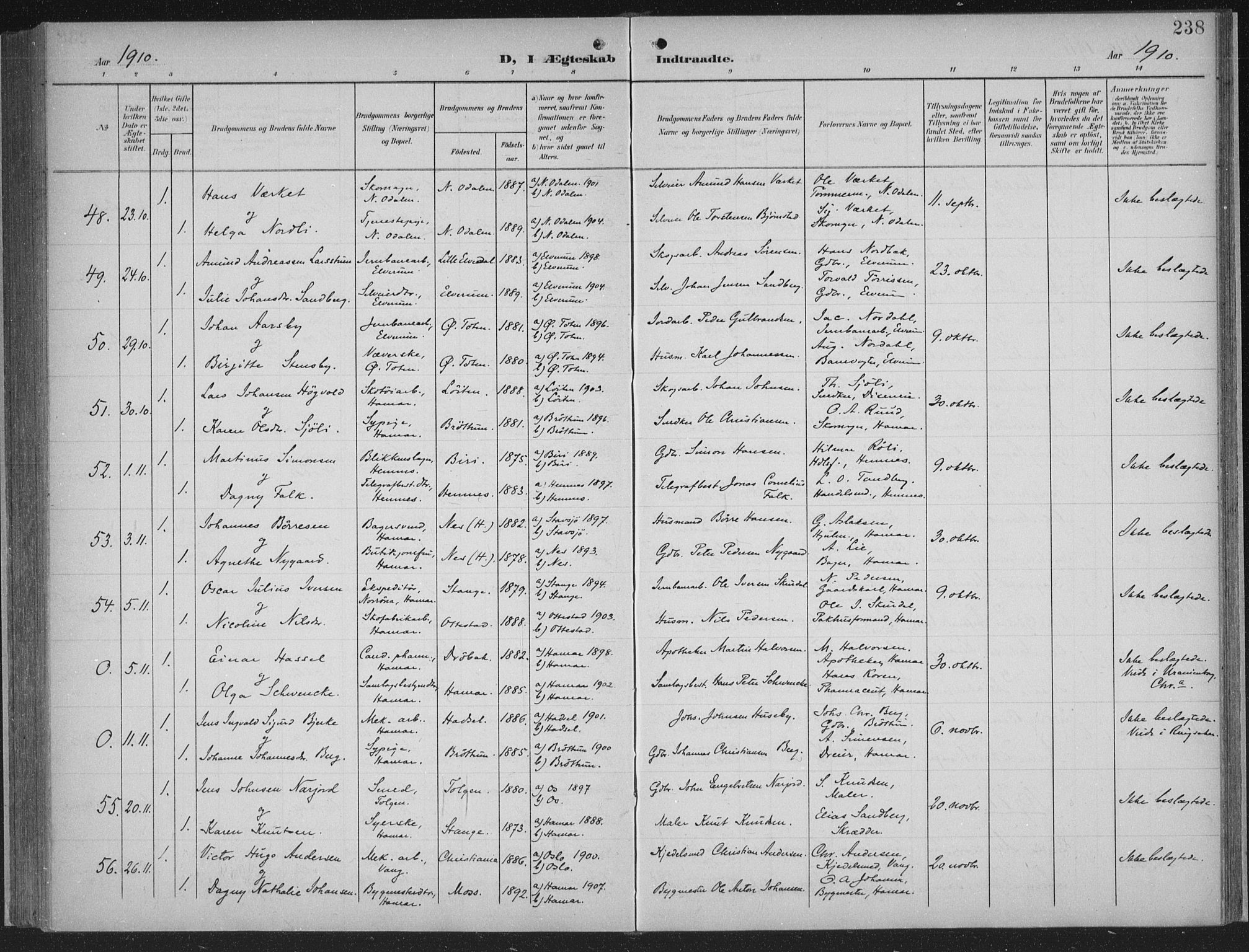 Hamar prestekontor, AV/SAH-DOMPH-002/H/Ha/Haa/L0001: Parish register (official) no. 1, 1900-1914, p. 238