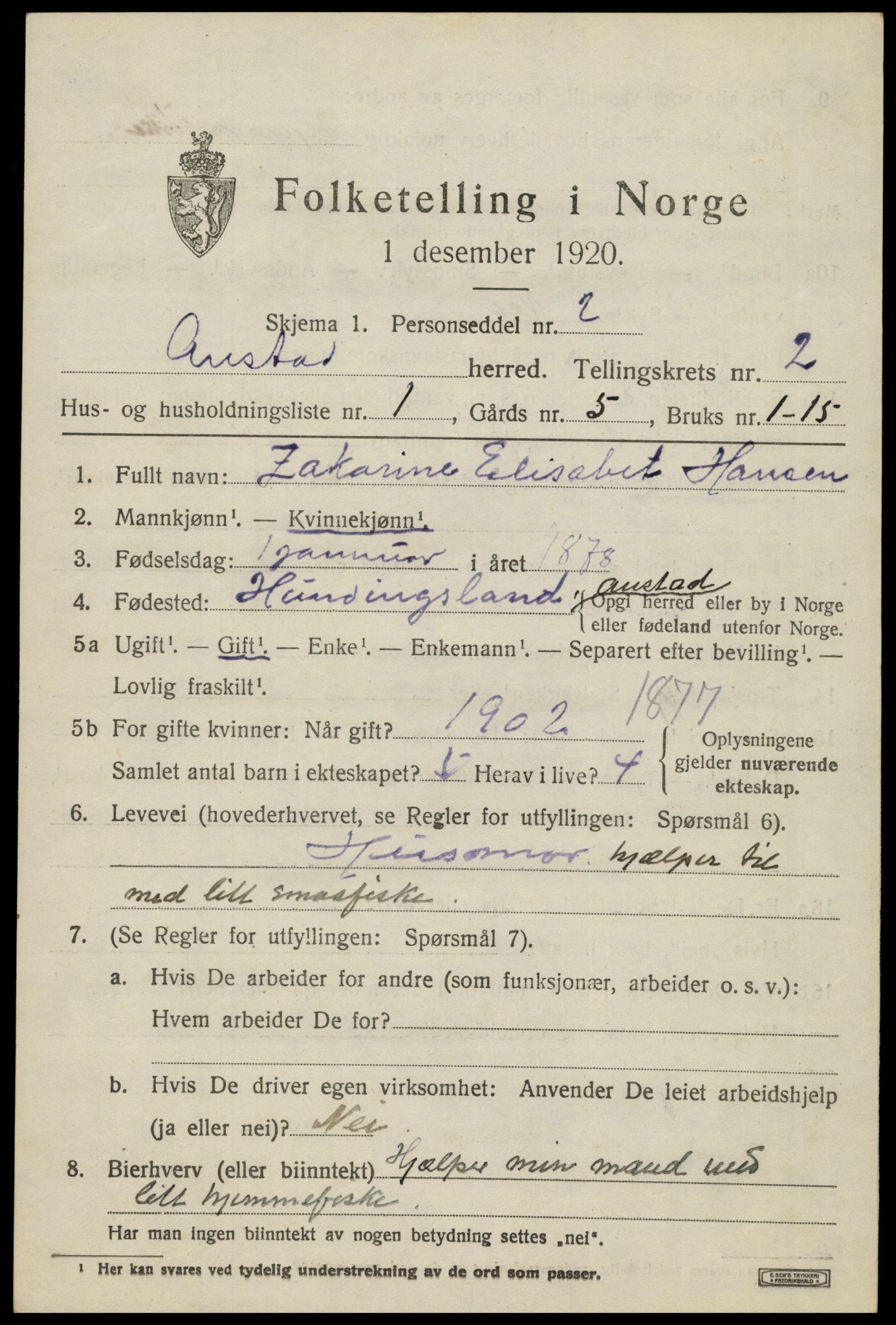 SAK, 1920 census for Austad, 1920, p. 729