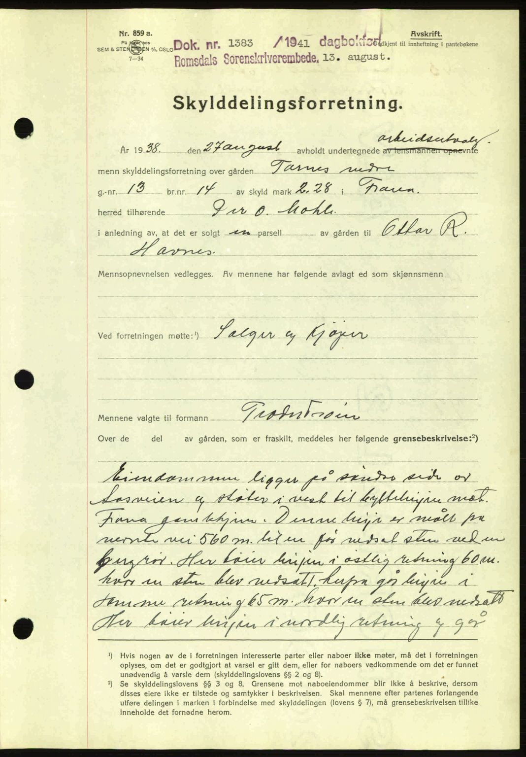 Romsdal sorenskriveri, AV/SAT-A-4149/1/2/2C: Mortgage book no. A10, 1941-1941, Diary no: : 1383/1941