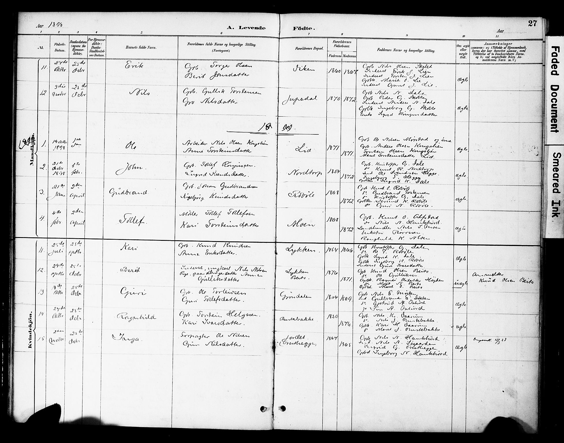 Øystre Slidre prestekontor, SAH/PREST-138/H/Ha/Haa/L0004: Parish register (official) no. 4, 1887-1910, p. 27