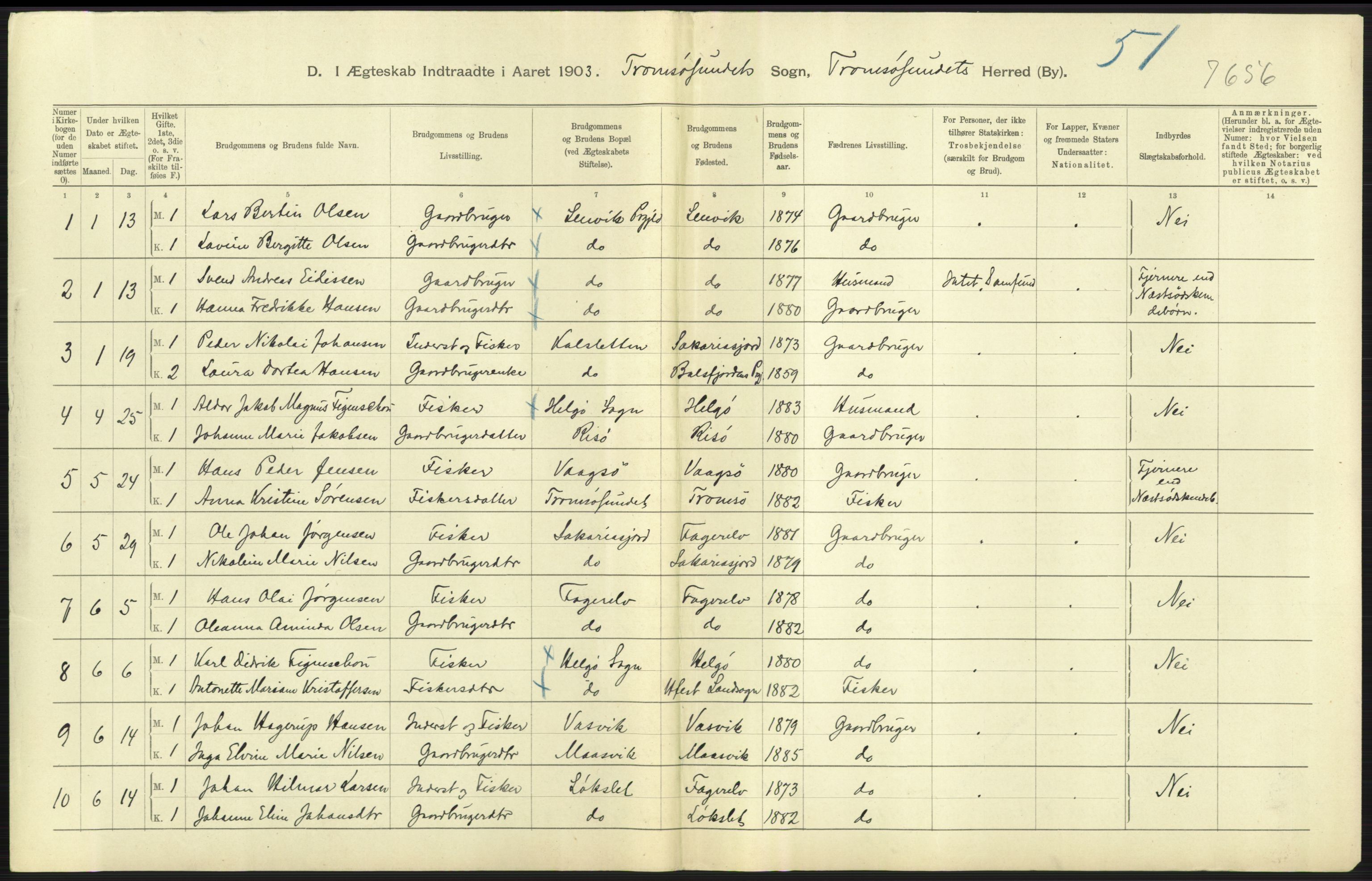 Statistisk sentralbyrå, Sosiodemografiske emner, Befolkning, AV/RA-S-2228/D/Df/Dfa/Dfaa/L0021: Tromsø amt: Fødte, gifte, døde., 1903, p. 307