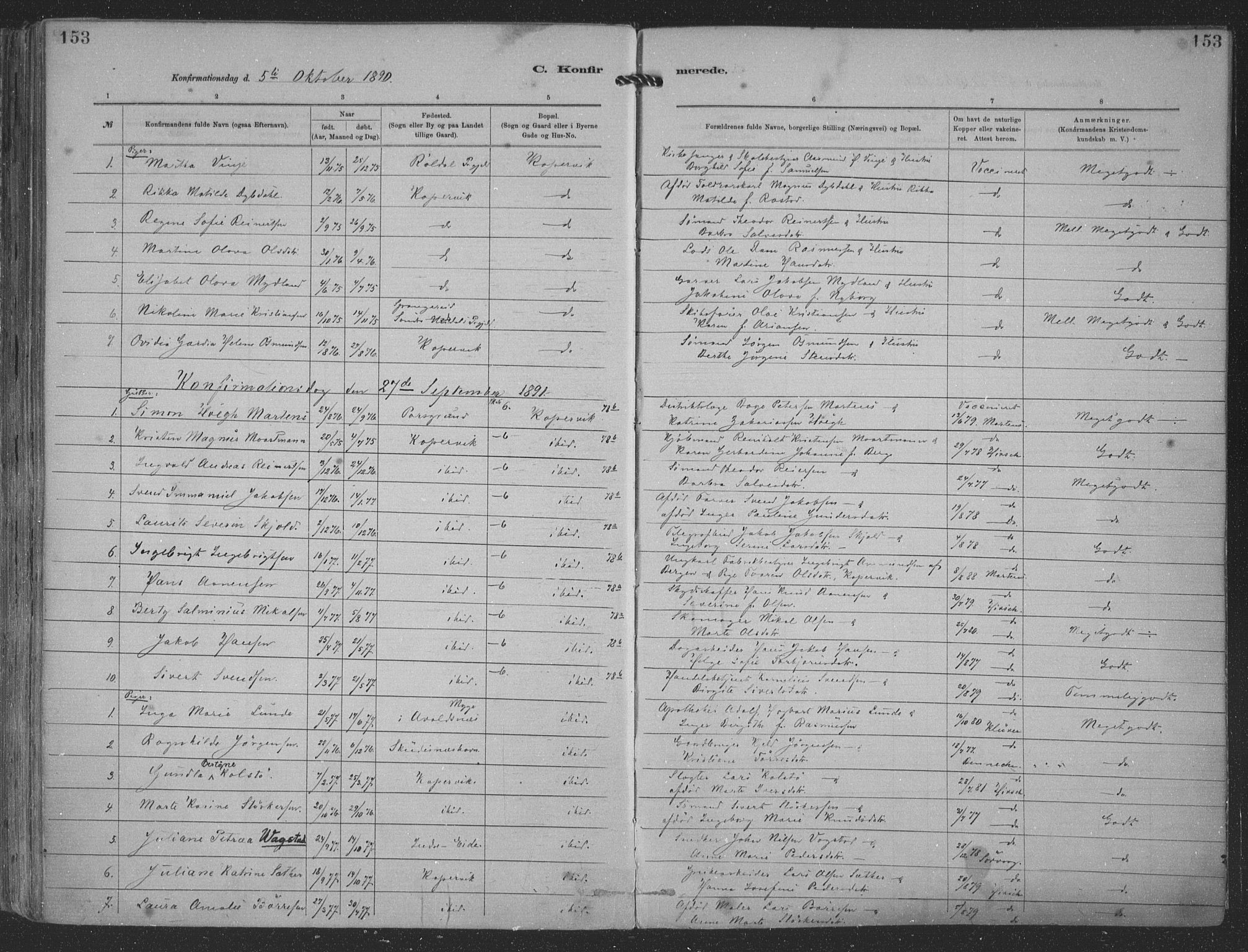 Kopervik sokneprestkontor, SAST/A-101850/H/Ha/Haa/L0001: Parish register (official) no. A 1, 1880-1919, p. 153