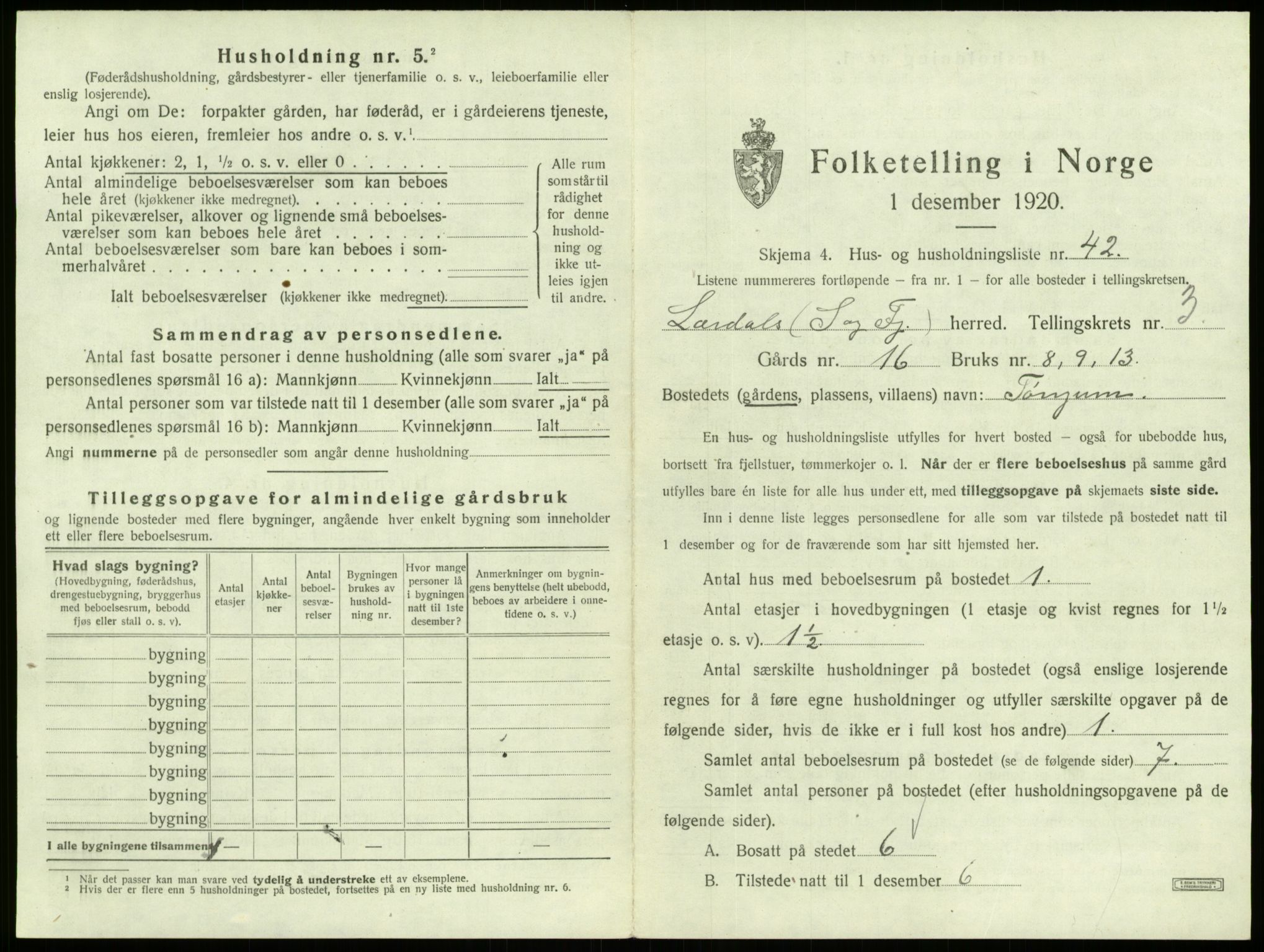 SAB, 1920 census for Lærdal, 1920, p. 299