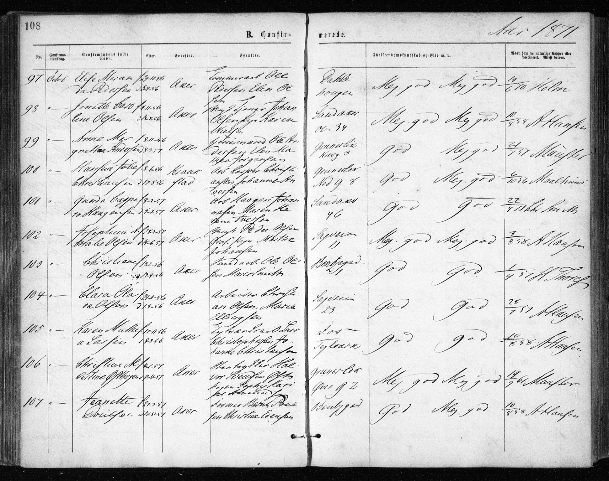 Gamle Aker prestekontor Kirkebøker, AV/SAO-A-10617a/F/L0003: Parish register (official) no. 3, 1865-1873, p. 108