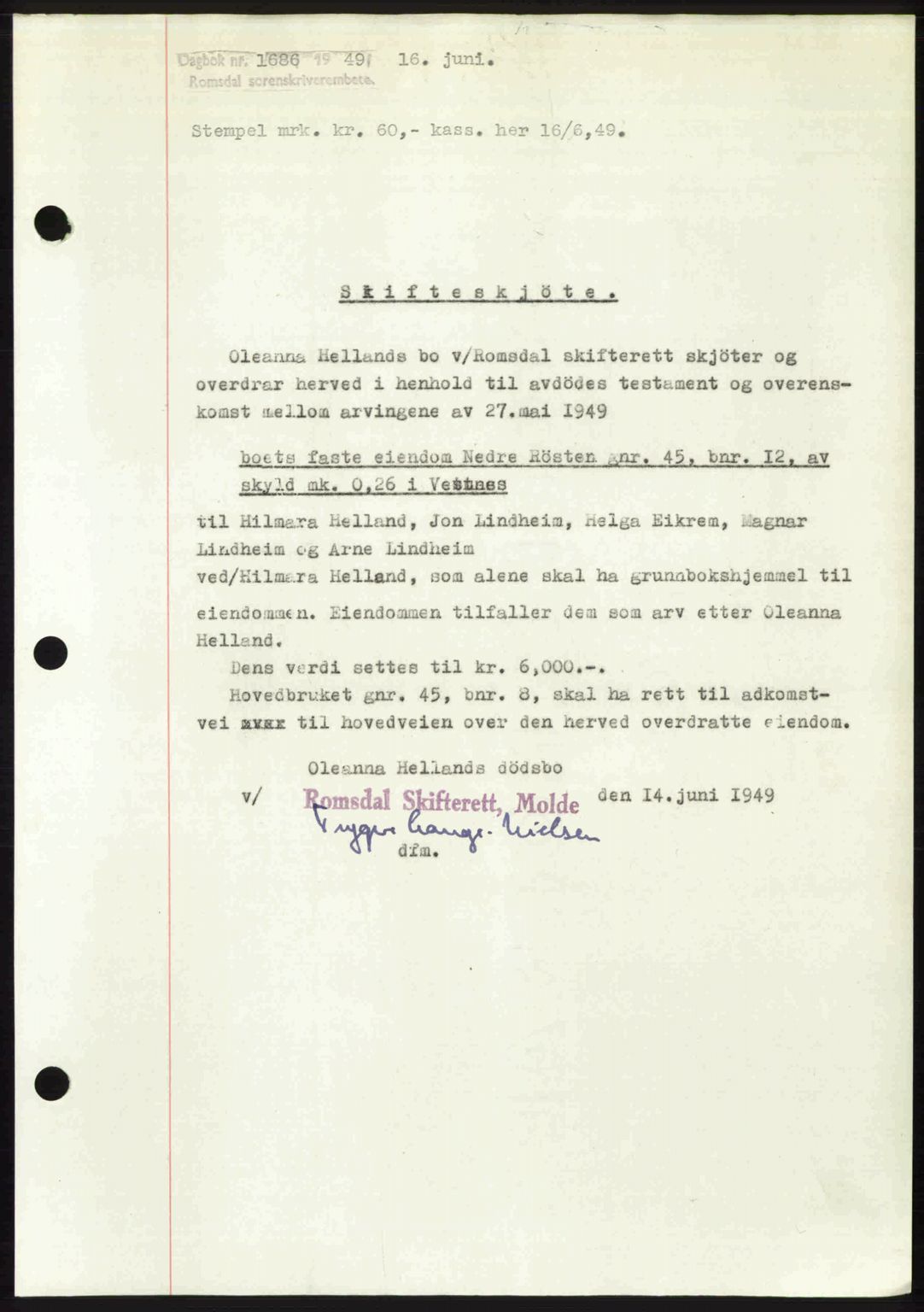 Romsdal sorenskriveri, AV/SAT-A-4149/1/2/2C: Mortgage book no. A30, 1949-1949, Diary no: : 1686/1949