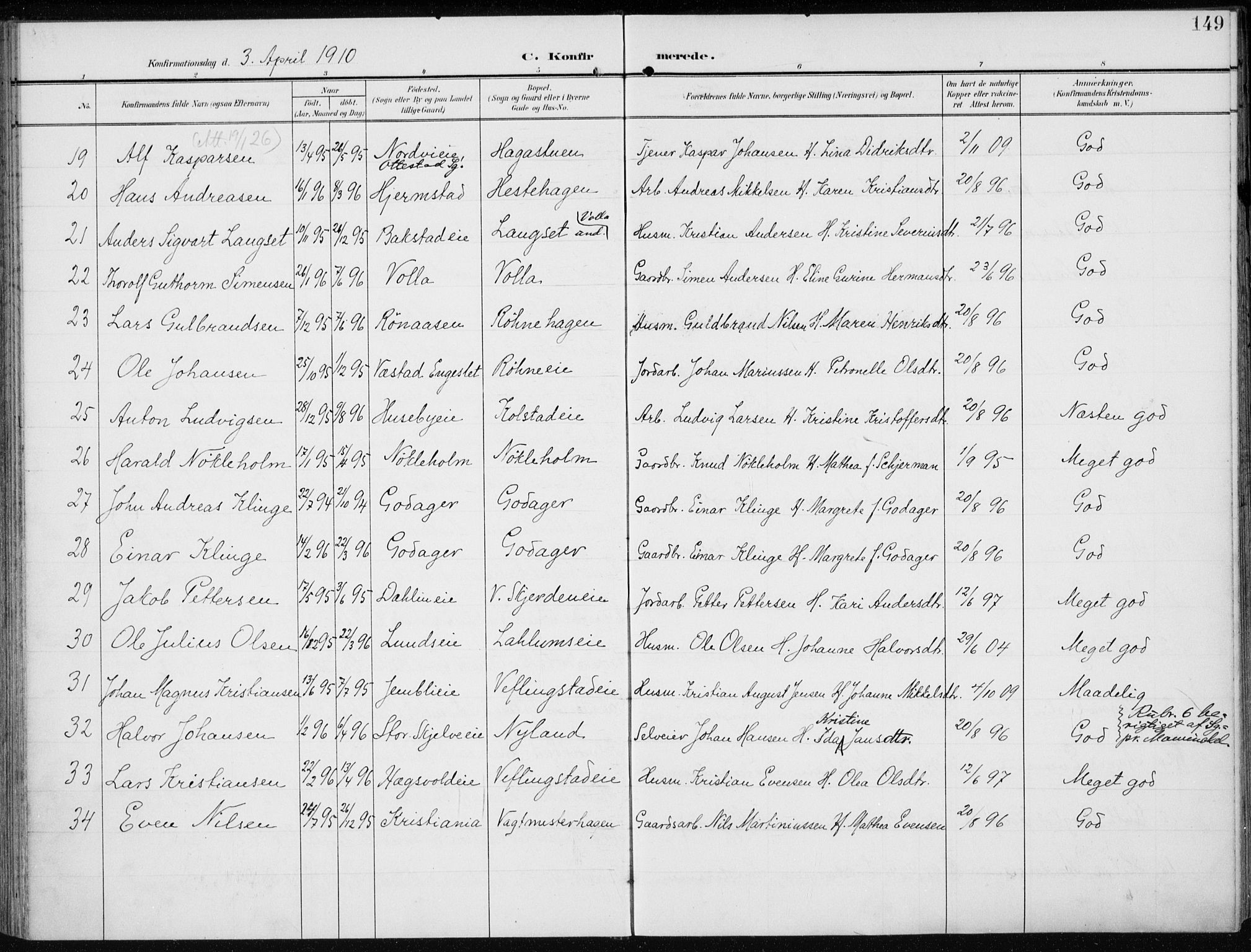 Stange prestekontor, AV/SAH-PREST-002/K/L0024: Parish register (official) no. 24, 1906-1922, p. 149