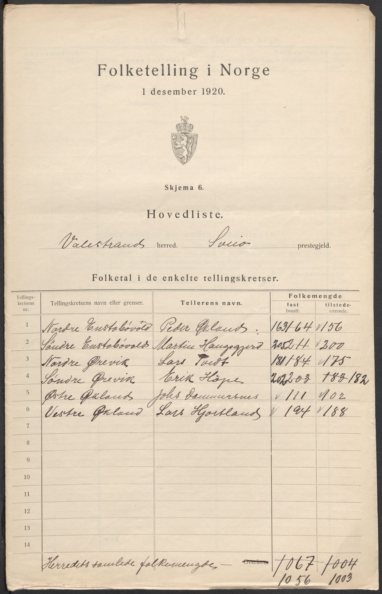 SAB, 1920 census for Valestrand, 1920, p. 2