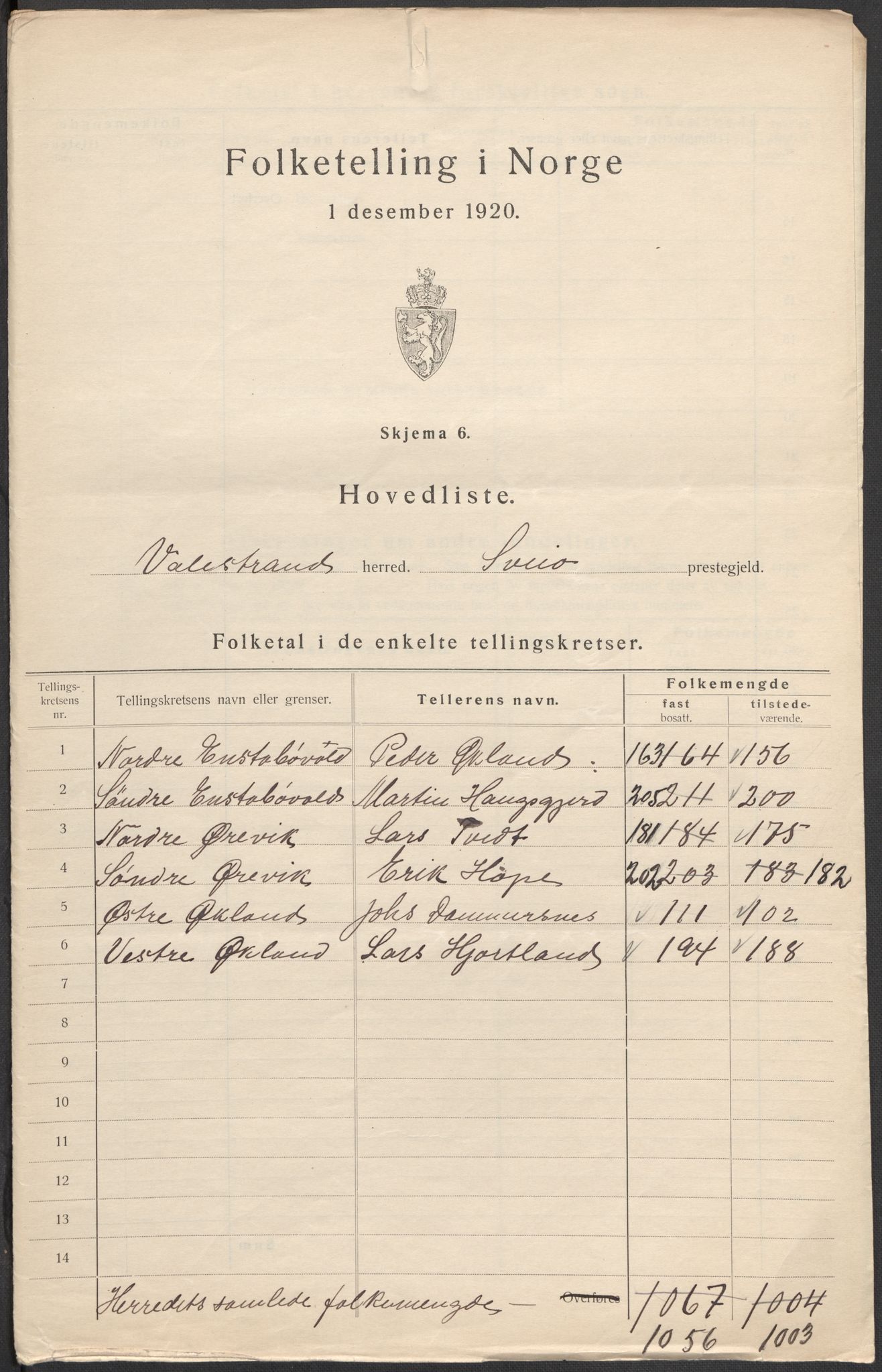 SAB, 1920 census for Valestrand, 1920, p. 2