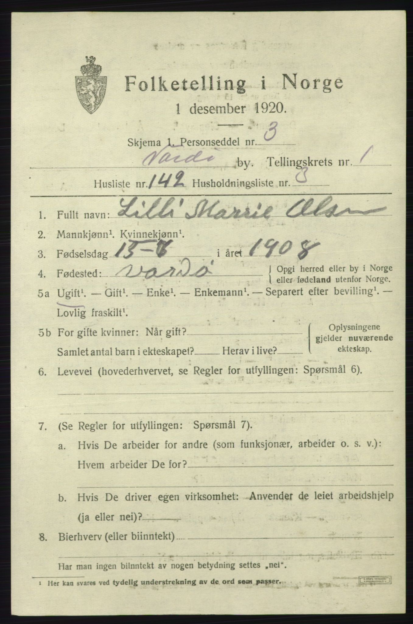 SATØ, 1920 census for Vardø, 1920, p. 4926