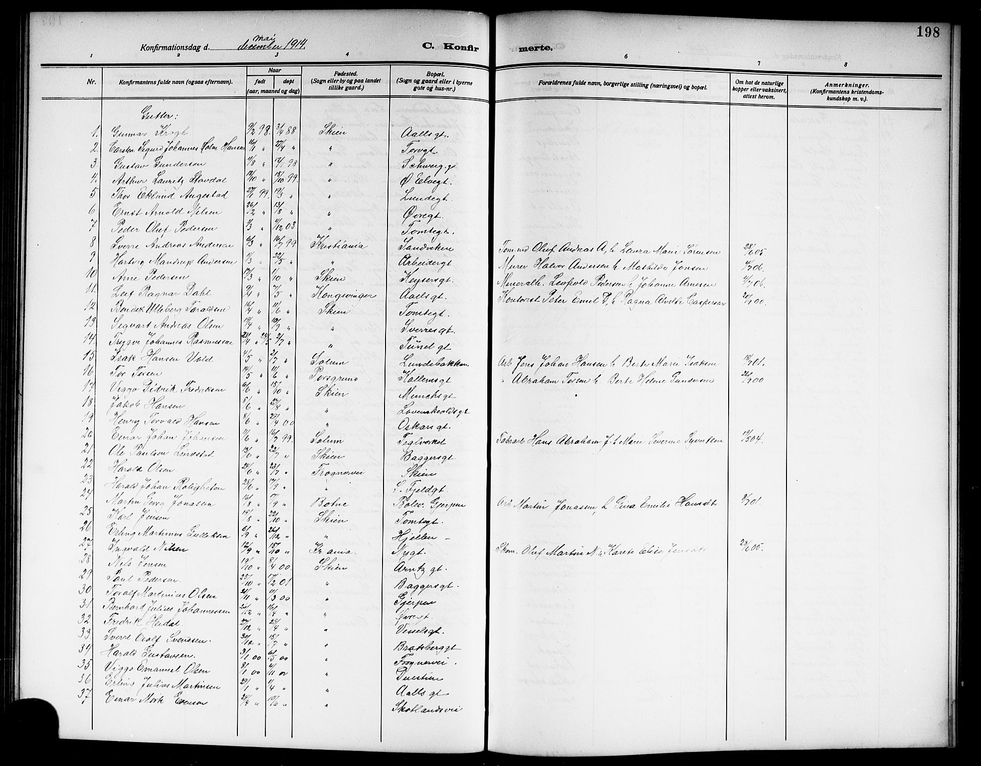 Skien kirkebøker, SAKO/A-302/G/Ga/L0009: Parish register (copy) no. 9, 1910-1920, p. 198