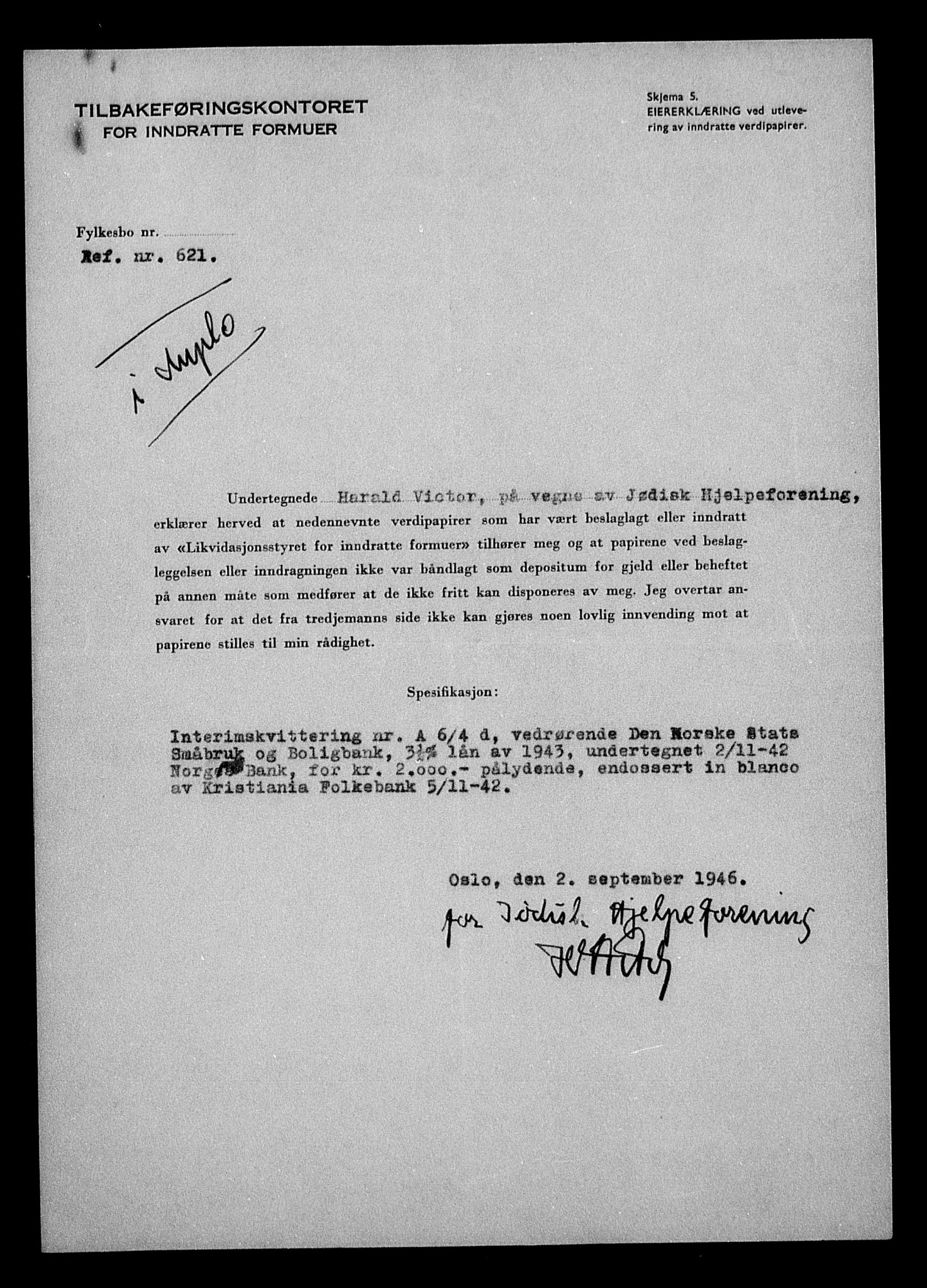 Justisdepartementet, Tilbakeføringskontoret for inndratte formuer, AV/RA-S-1564/H/Hc/Hcc/L0930: --, 1945-1947, p. 92