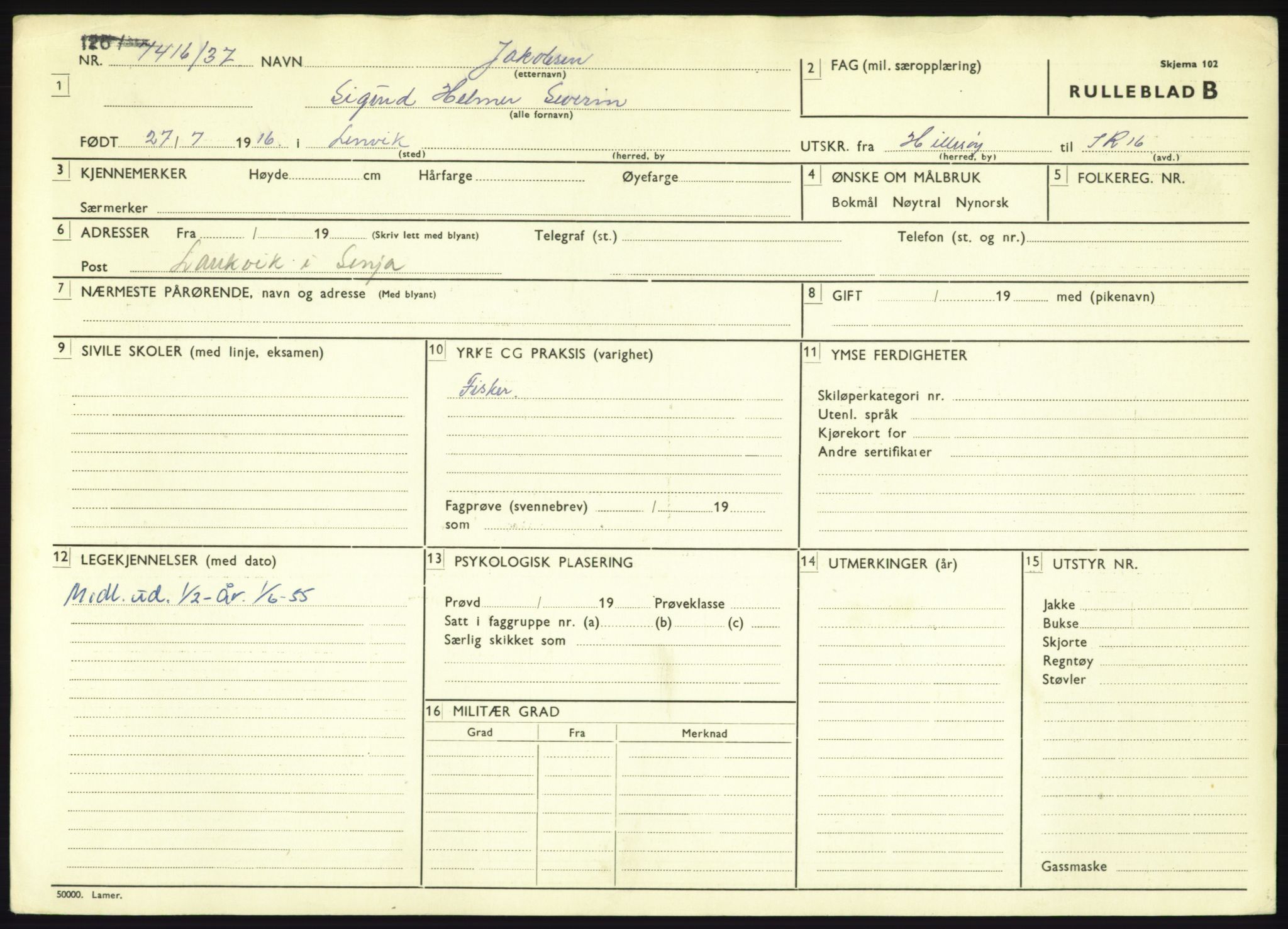 Forsvaret, Troms infanteriregiment nr. 16, AV/RA-RAFA-3146/P/Pa/L0021: Rulleblad for regimentets menige mannskaper, årsklasse 1937, 1937, p. 447