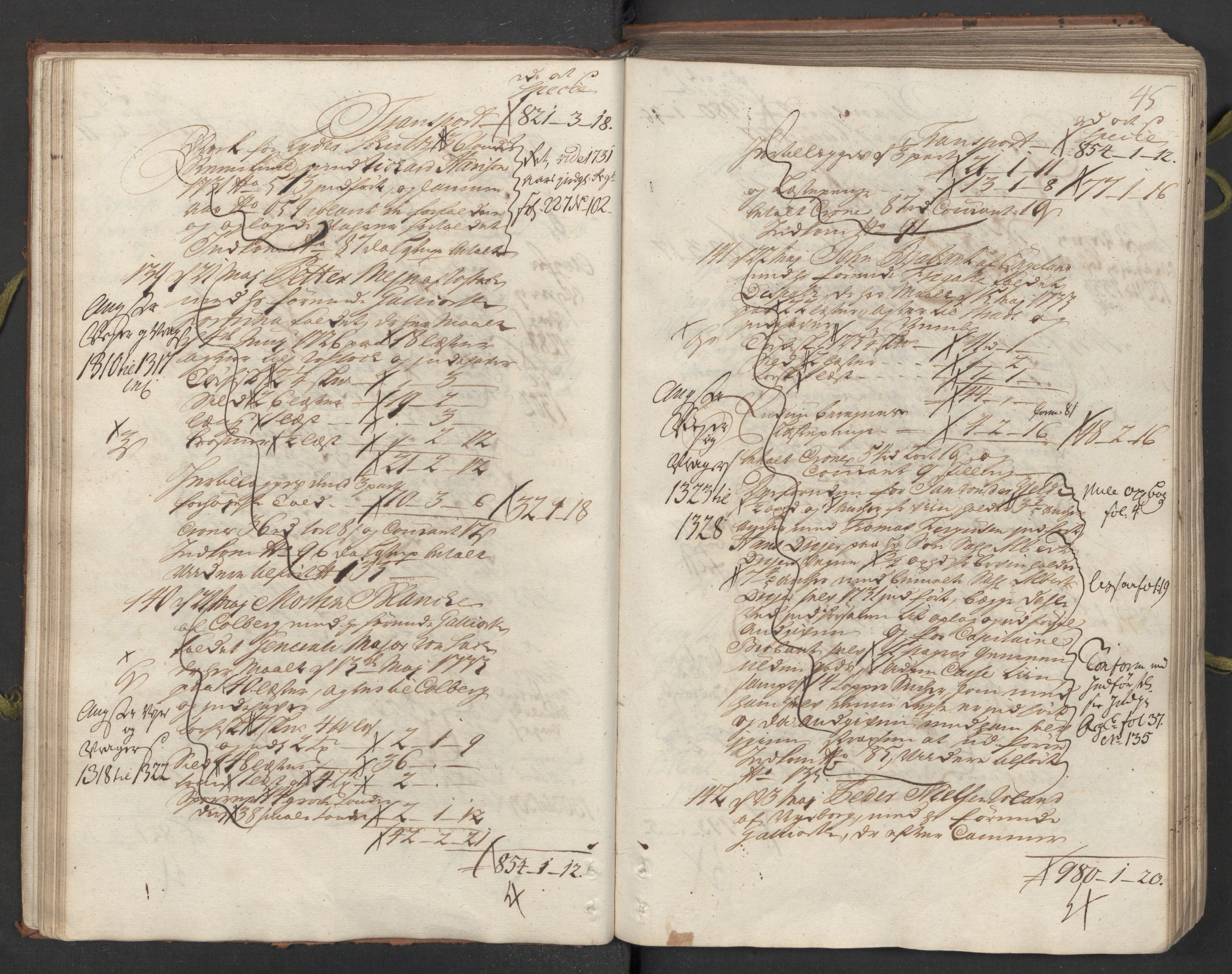 Generaltollkammeret, tollregnskaper, AV/RA-EA-5490/R26/L0024/0001: Tollregnskaper Bergen A / Utgående hovedtollbok, 1733, p. 44b-45a