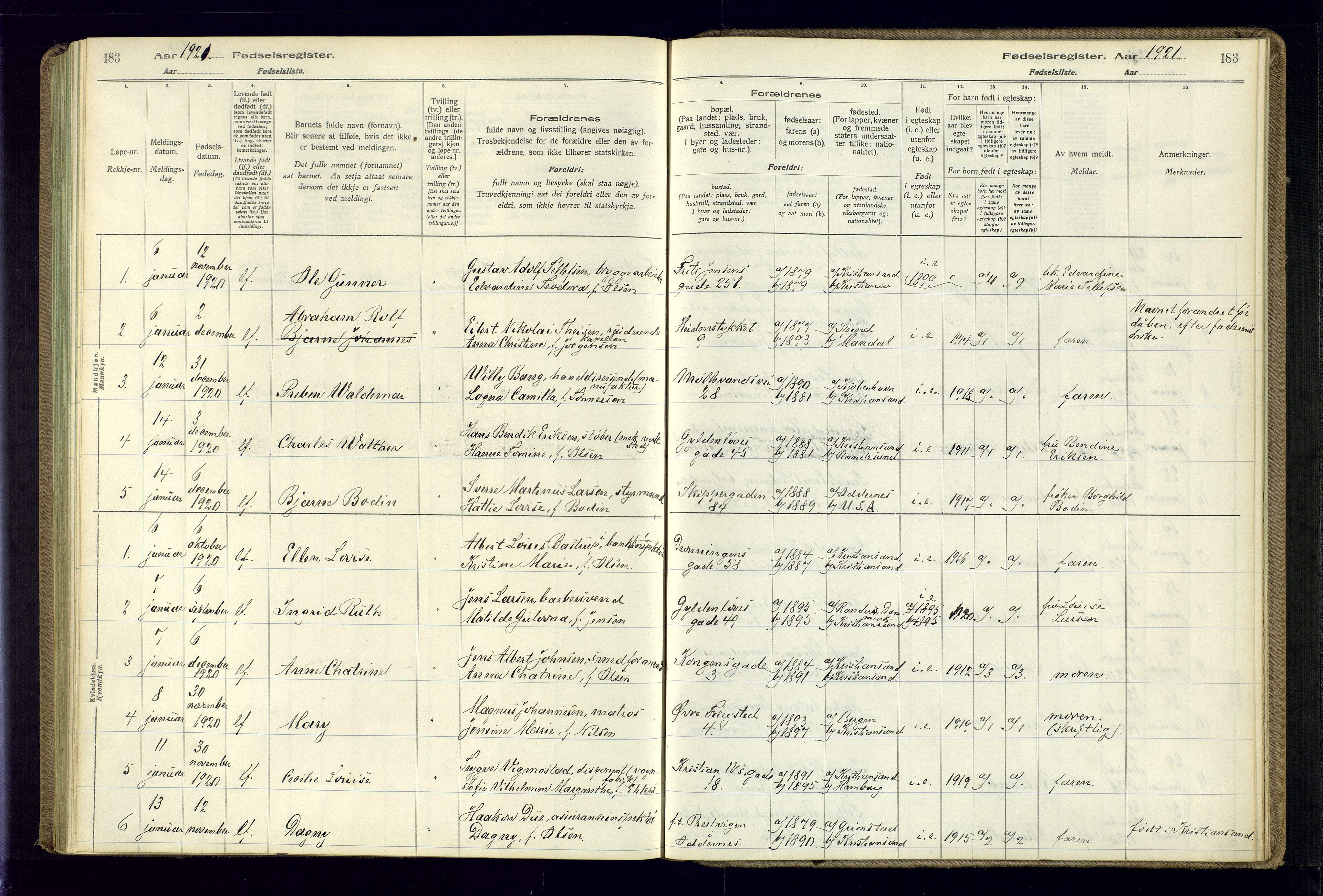 Kristiansand domprosti, AV/SAK-1112-0006/J/Jc/L0001: Birth register no. A-VI-45, 1916-1921, p. 183