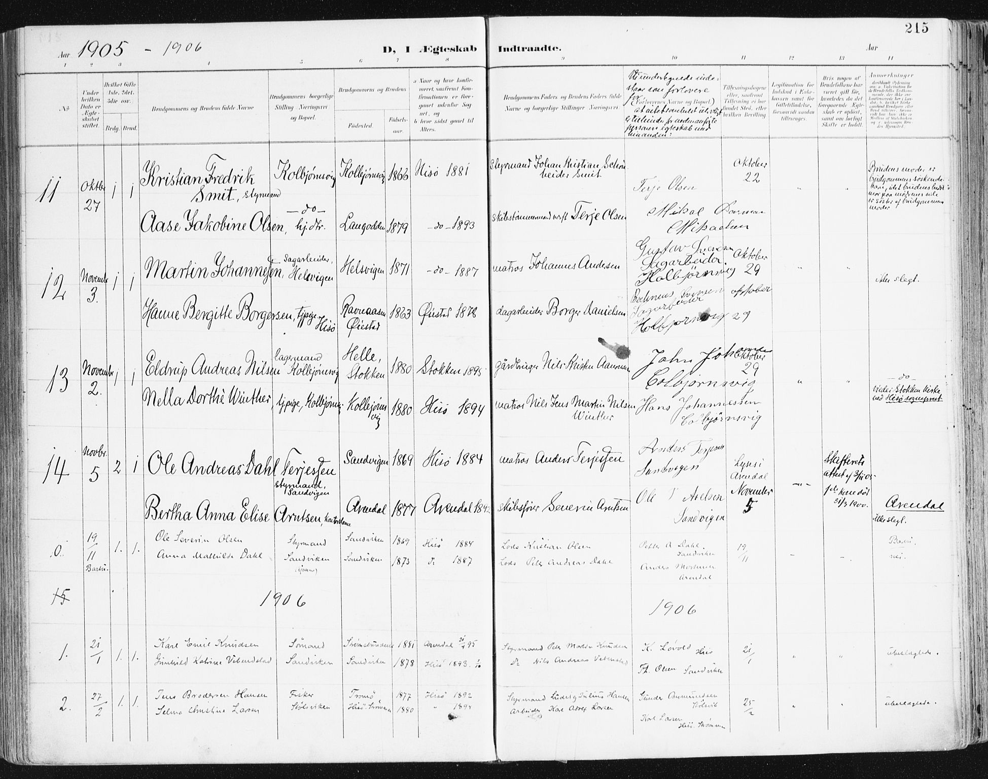 Hisøy sokneprestkontor, AV/SAK-1111-0020/F/Fa/L0004: Parish register (official) no. A 4, 1895-1917, p. 215