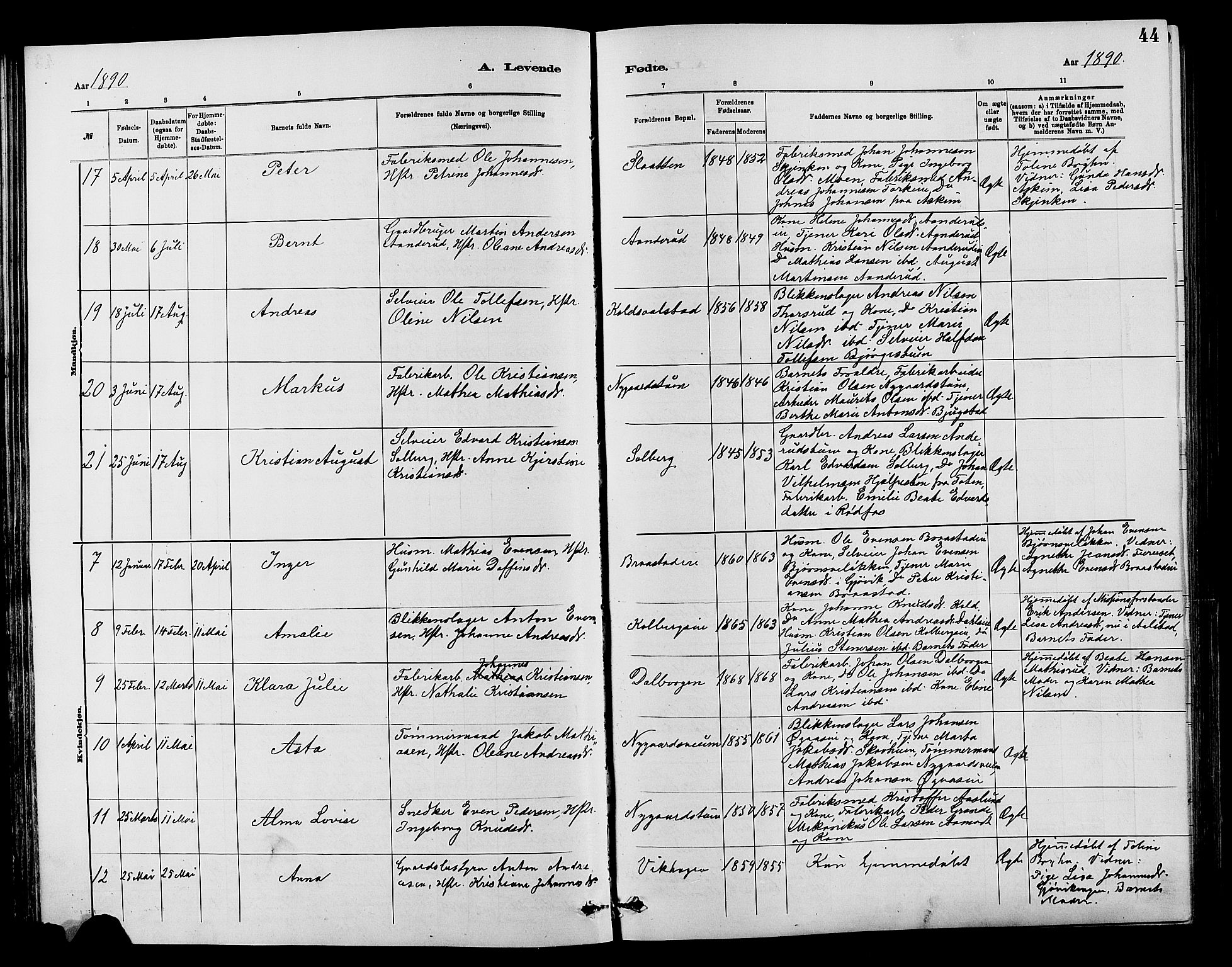 Vardal prestekontor, AV/SAH-PREST-100/H/Ha/Hab/L0007: Parish register (copy) no. 7 /1, 1881-1895, p. 44