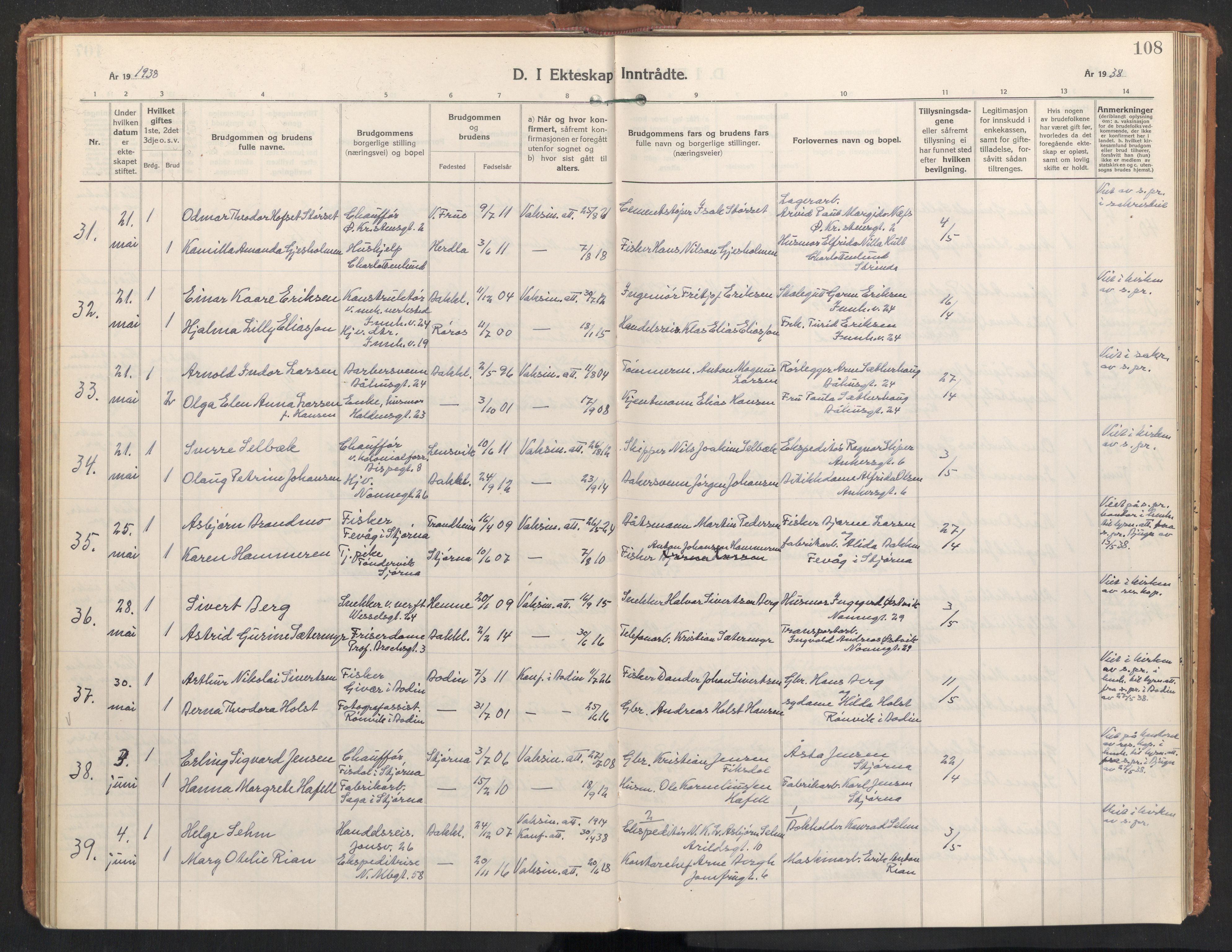 Ministerialprotokoller, klokkerbøker og fødselsregistre - Sør-Trøndelag, AV/SAT-A-1456/604/L0209: Parish register (official) no. 604A29, 1931-1945, p. 108