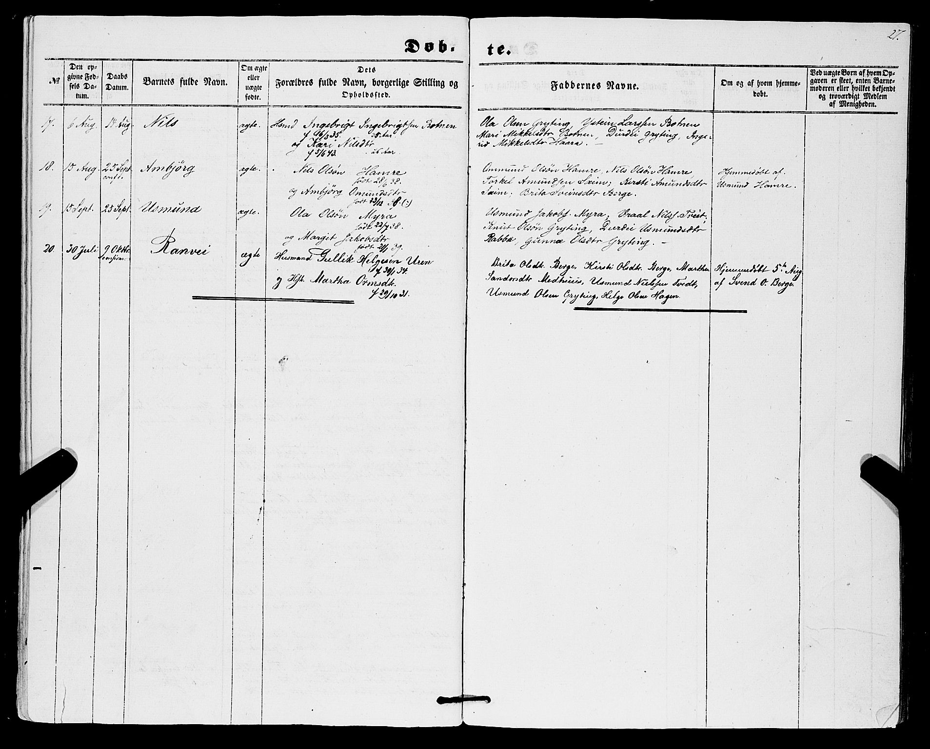 Røldal sokneprestembete, AV/SAB-A-100247: Parish register (official) no. A 3, 1856-1870, p. 27