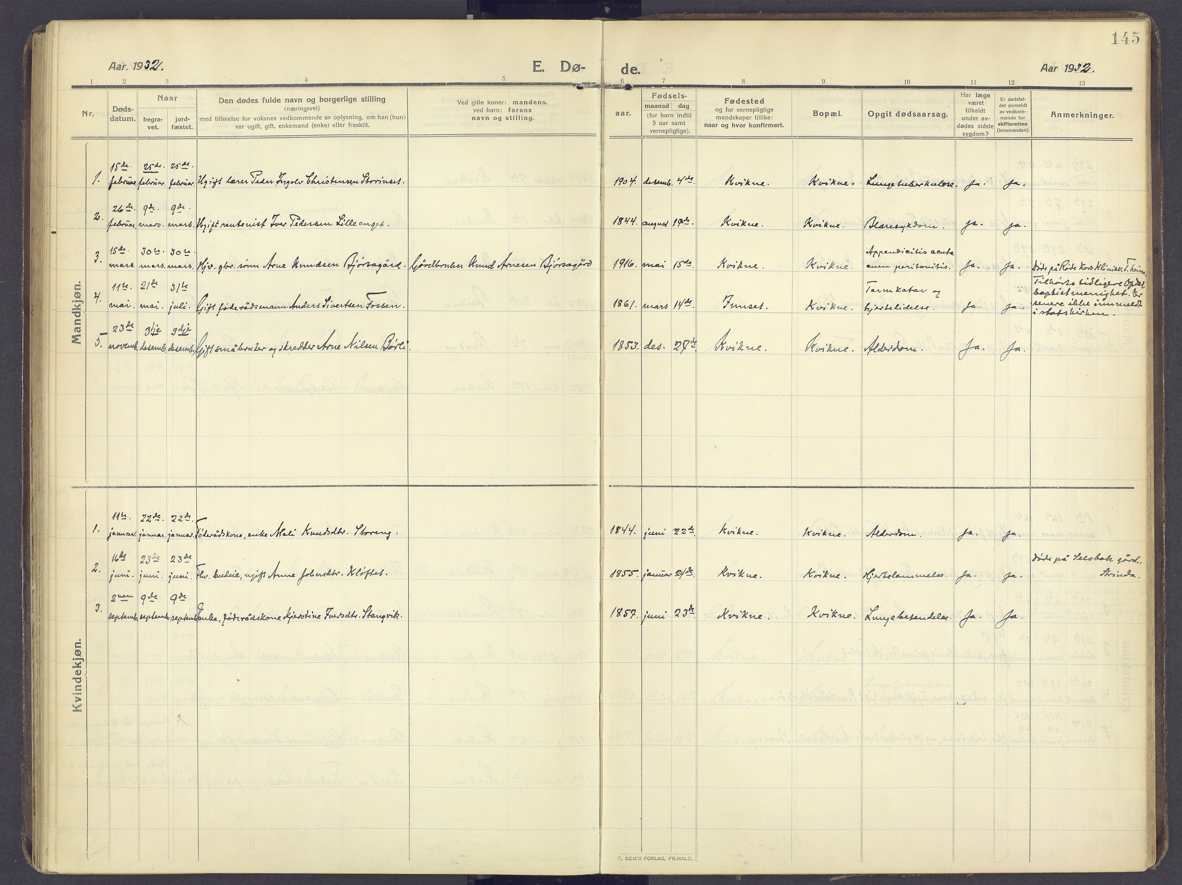 Kvikne prestekontor, AV/SAH-PREST-064/H/Ha/Haa/L0009: Parish register (official) no. 9, 1911-1942, p. 145