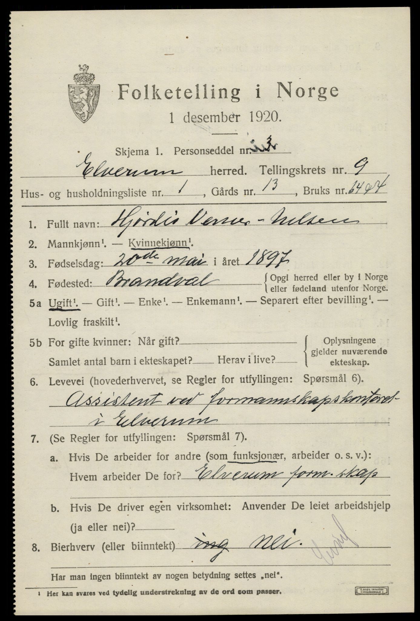 SAH, 1920 census for Elverum, 1920, p. 15564