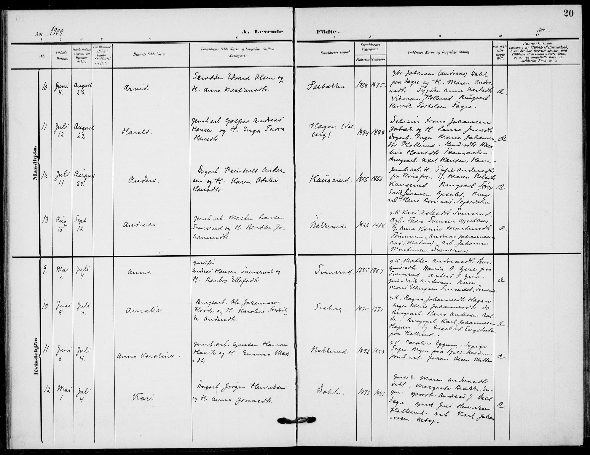 Hole kirkebøker, AV/SAKO-A-228/F/Fb/L0003: Parish register (official) no. II 3, 1906-1916, p. 20