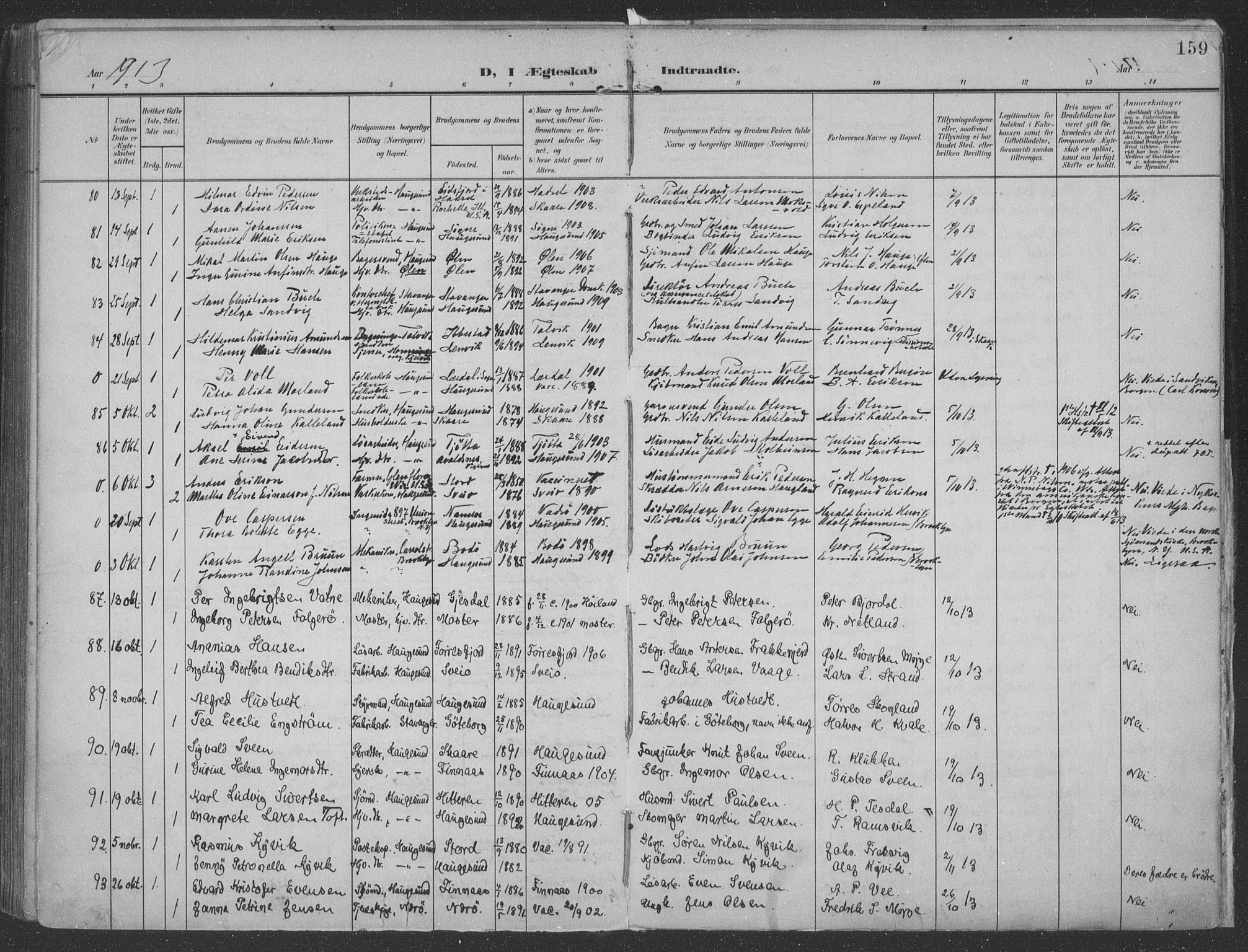 Haugesund sokneprestkontor, AV/SAST-A -101863/H/Ha/Haa/L0007: Parish register (official) no. A 7, 1904-1916, p. 159