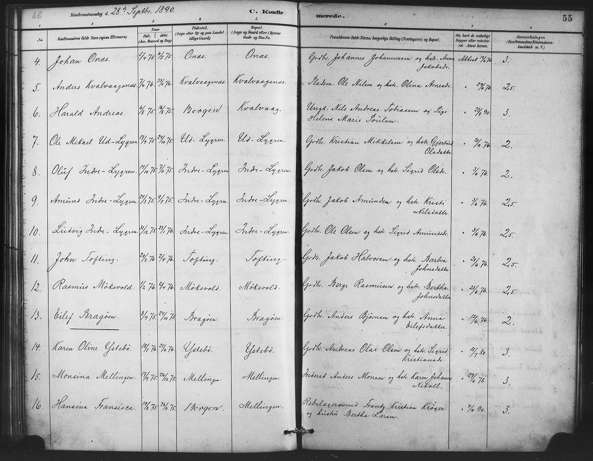 Lindås Sokneprestembete, SAB/A-76701/H/Haa: Parish register (official) no. E 1, 1886-1897, p. 55