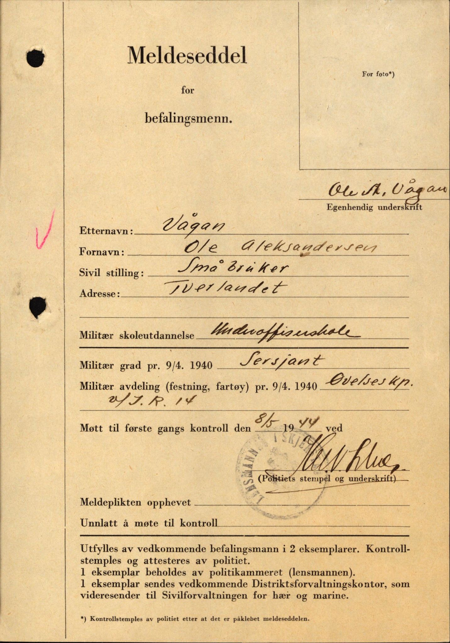 Forsvaret, Forsvarets krigshistoriske avdeling, AV/RA-RAFA-2017/Y/Yf/L0209: II-C-11-2121  -  Okkupasjonstiden.  Meldesedler for befal med foto og oppl. om militær grad 9. apr. 1940., 1944-1945, p. 1174