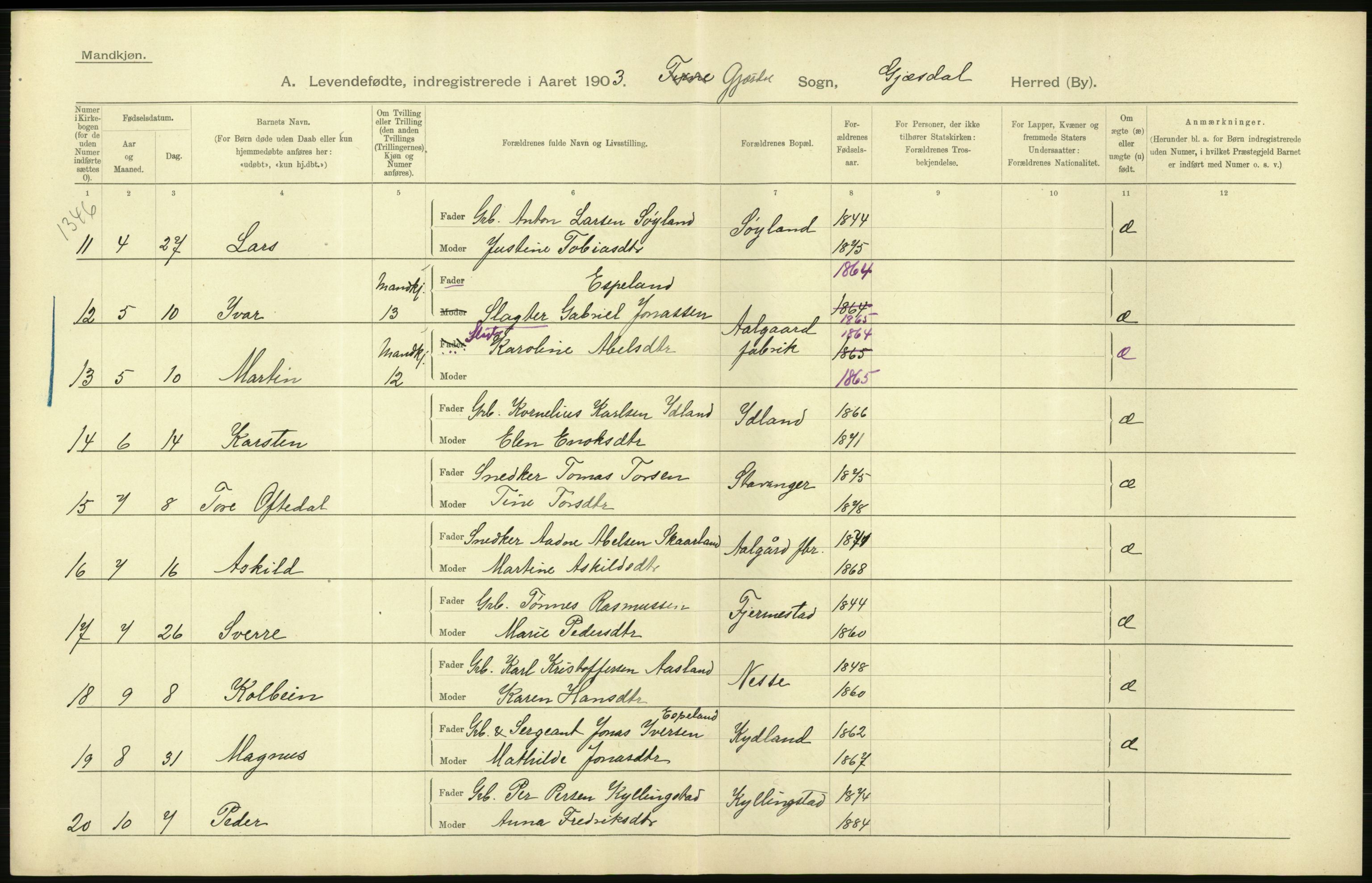 Statistisk sentralbyrå, Sosiodemografiske emner, Befolkning, AV/RA-S-2228/D/Df/Dfa/Dfaa/L0012: Stavanger amt: Fødte, gifte, døde, 1903, p. 22