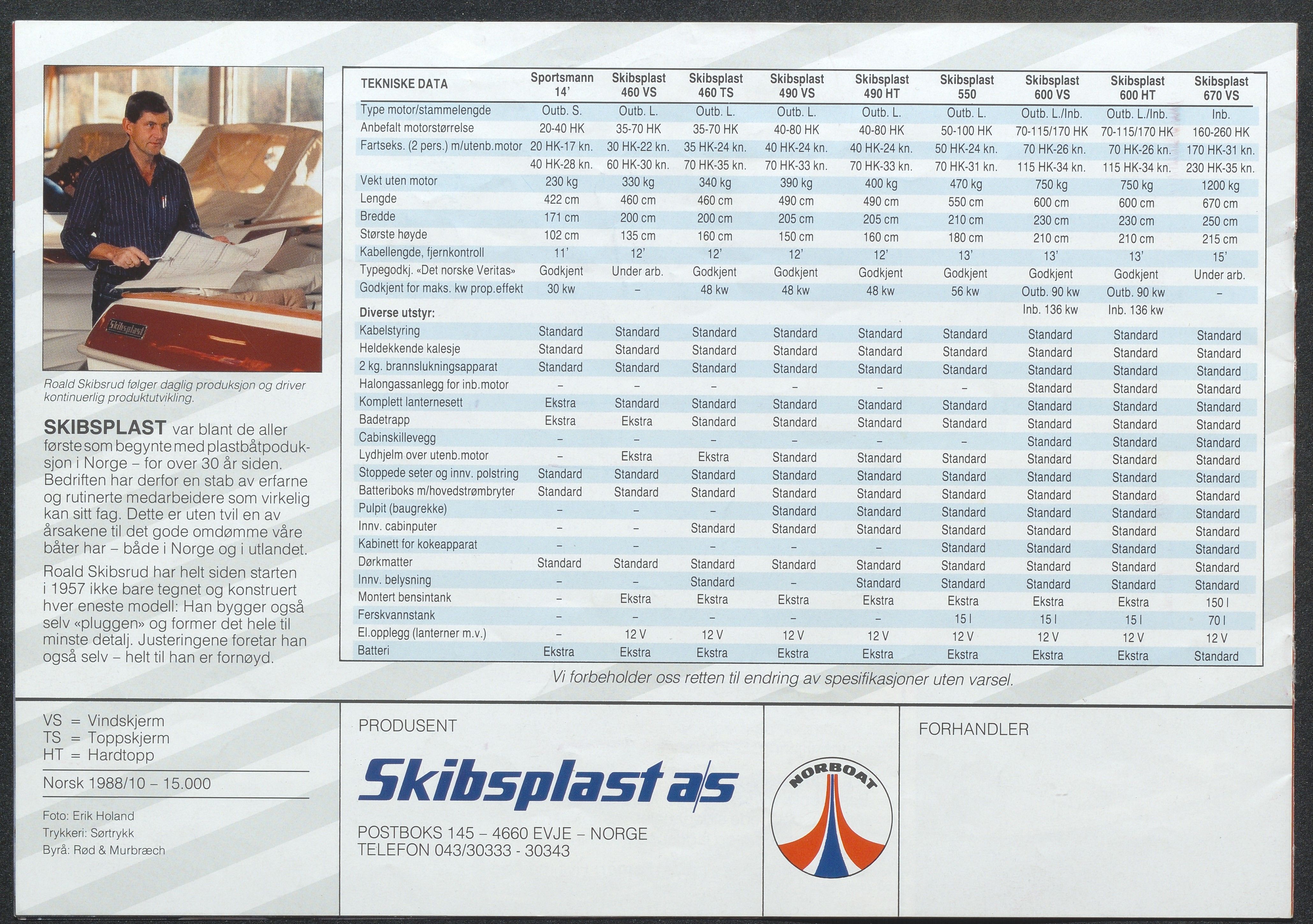 Skibsplast, AAKS/PA-2968/01/X/X01/L0001/0020: Brosjyrer / Skibsplast 670 (1981-1986). Skibsplast 600 (1984-1992). Skibsplast 550 (1984-1991). Skibsplast 490 HT (1982-2000). Skibsplast 490 VS (1983-1995). Skibsplast 460 TS/VS (TS:1986-1991-92/93, VS:1987-1991). Sportsmann 14' (1971-1989)., 1971-2000