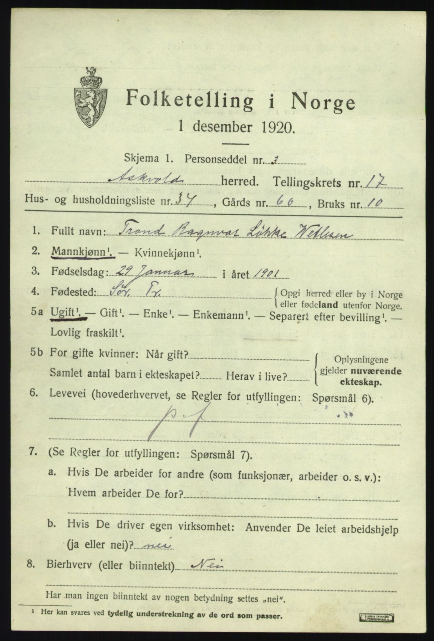 SAB, 1920 census for Askvoll, 1920, p. 6748