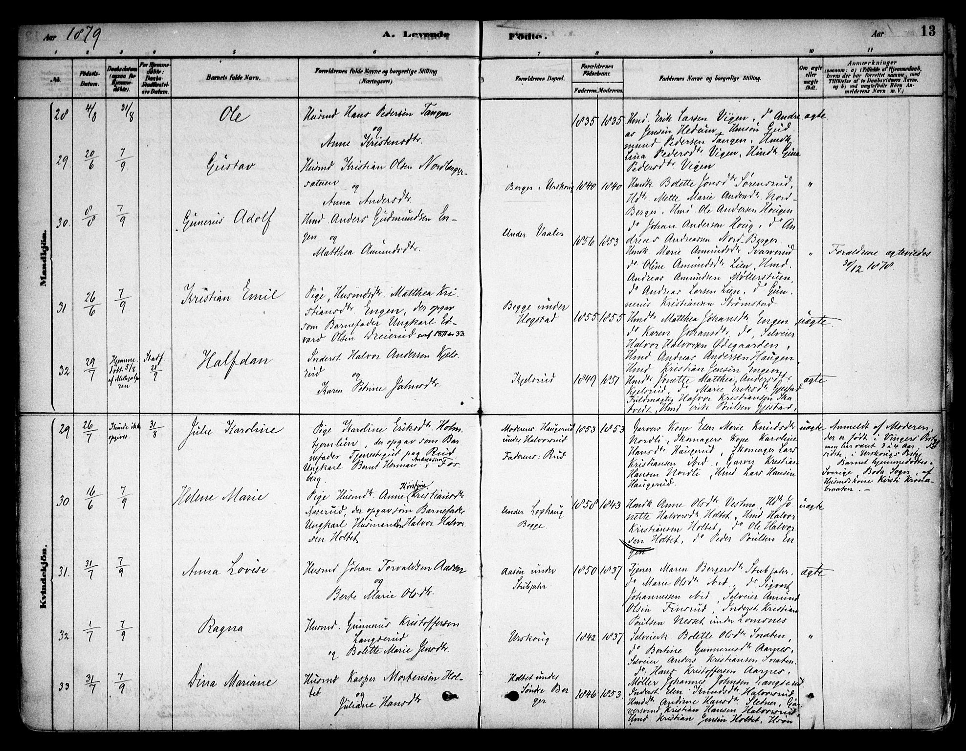 Aurskog prestekontor Kirkebøker, AV/SAO-A-10304a/F/Fa/L0008: Parish register (official) no. I 8, 1878-1937, p. 13
