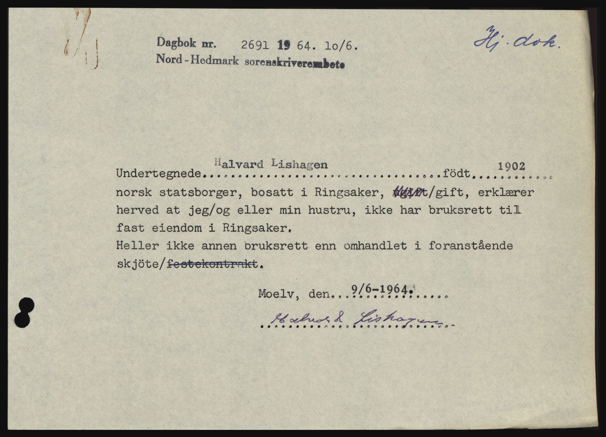 Nord-Hedmark sorenskriveri, SAH/TING-012/H/Hc/L0019: Mortgage book no. 19, 1963-1964, Diary no: : 2691/1964
